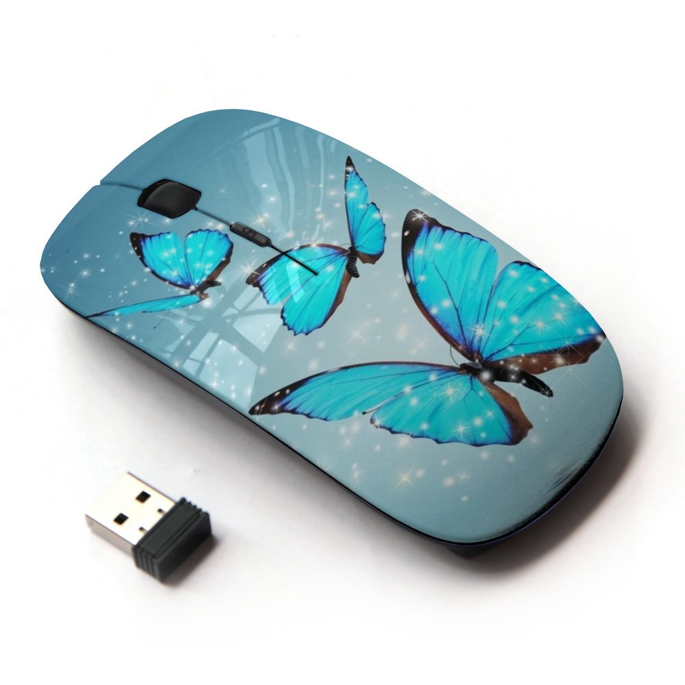 2.4G Wireless Optical Mouse with Blue Sparkling Butterfly Design - Ergonomic Computer Mouse for Laptop, PC, Office & Gaming Use
