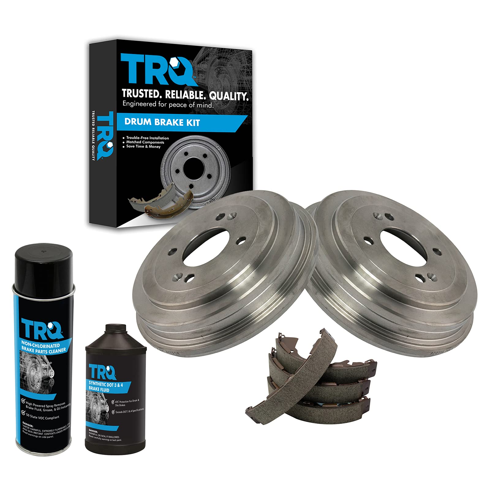 TRQ Rear Brake Shoe & Drum Kit with Brake Fluid & Cleaner - Compatible with 2006-2011 Hyundai Accent, Kia Rio, Kia Rio5 - Perfect for Brake Maintenance & Repair | DIY Car Repair & Auto Shop Use