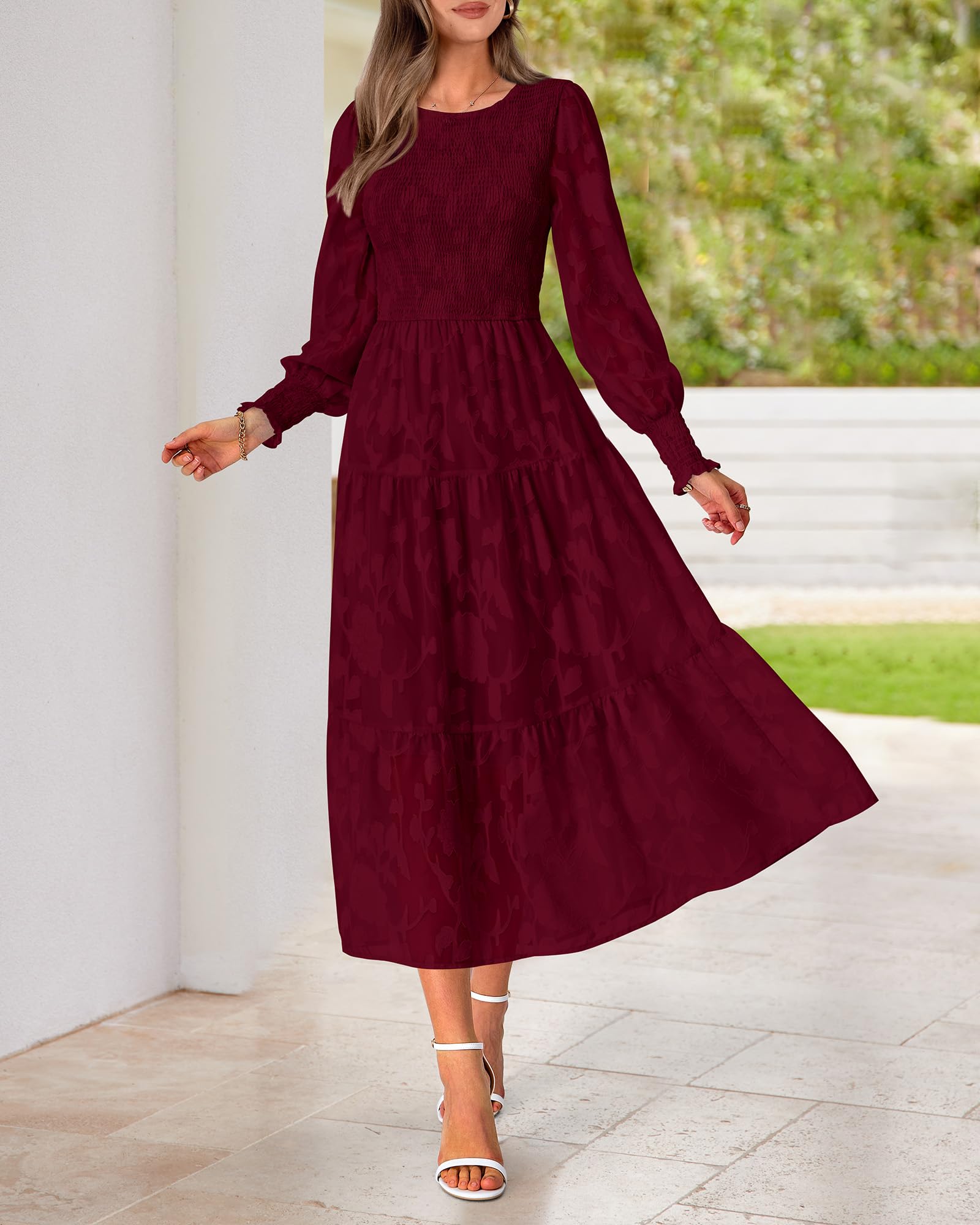 BTFBM Women's Elegant Floral Midi Dress - Long Sleeve Bohemian Wedding Guest Dress for Spring 2025 | Perfect for Garden Parties, Bridal Showers & Formal Events