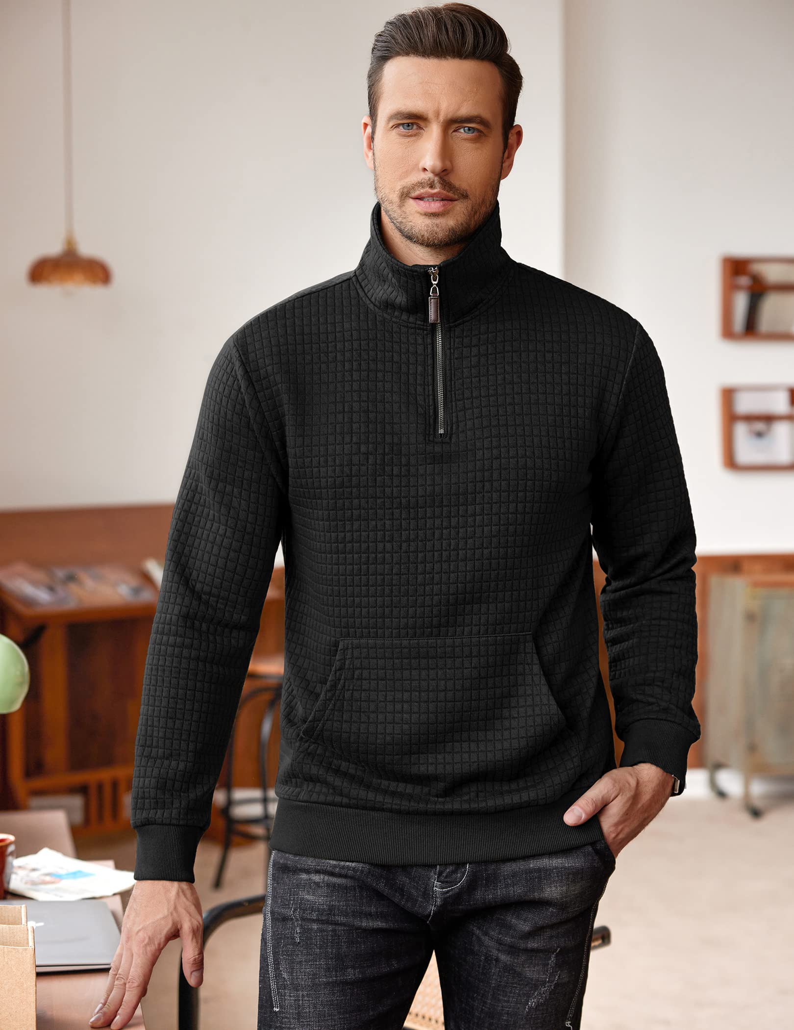 COOFANDY Men's Quarter Zip Sweatshirt - Long Sleeve Waffle Knit Pullover Hoodie with Pocket | Casual Fall & Winter Layering for Outdoor Activities