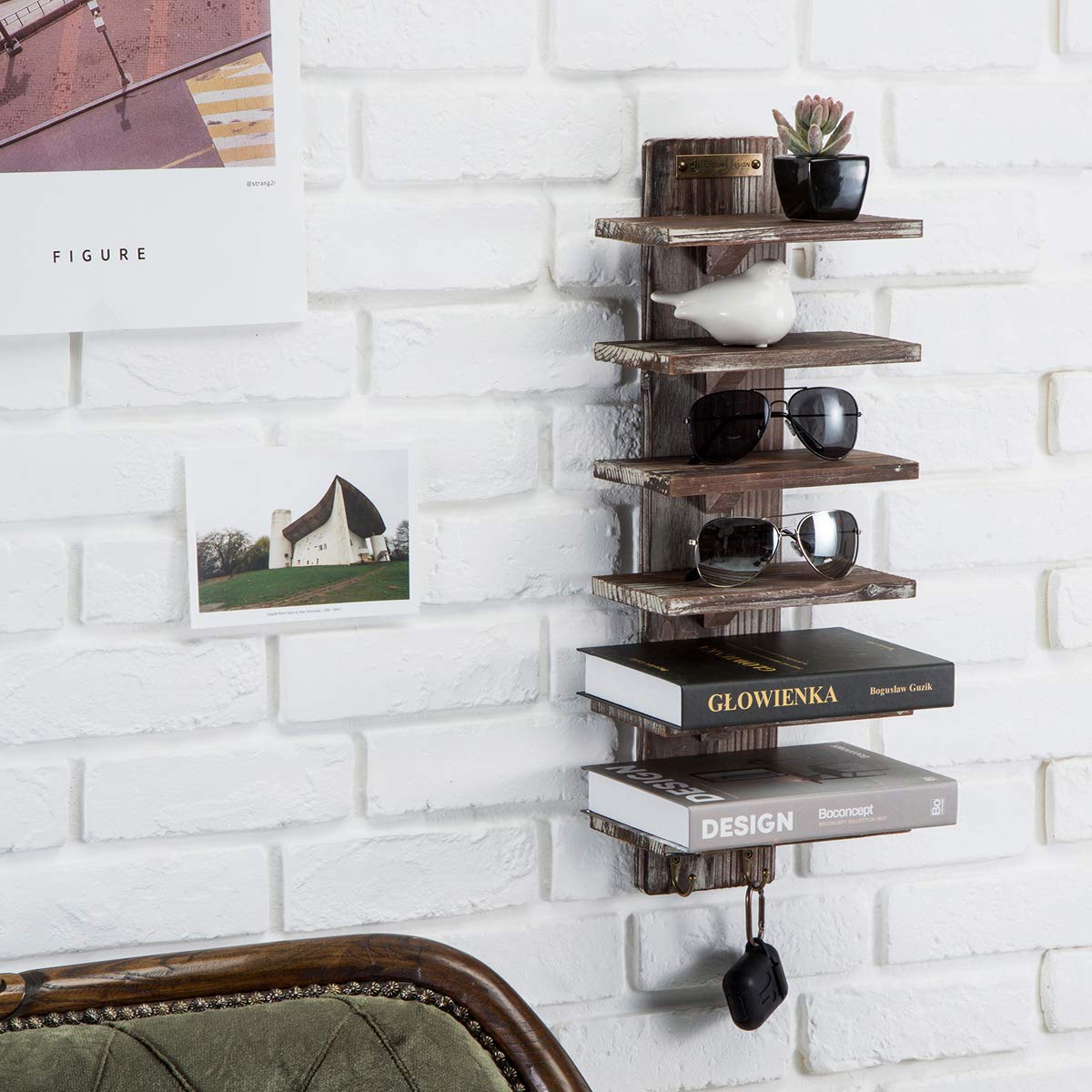 Rustic Wood Wall Mount Sunglasses Organizer - 6 Tier Glasses Storage Rack with 2 Hooks, Jewelry & Watch Display Cabinet, Key Holder - Perfect for Bedroom, Bathroom, Entryway Organization (MK551A)