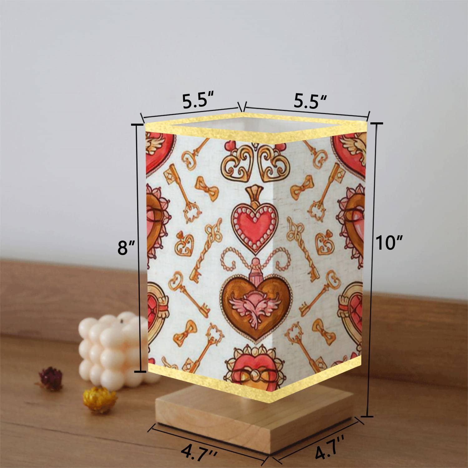 Valentine's Day Square Bedside Table Lamp with Hand-Drawn Hearts & Keys Design, Wooden Base & Flaxen Fabric Shade, Dimmable Nightstand Lamp for Bedroom, Living Room - Perfect for Romantic Decor, Cozy Reading & Ambient Lighting