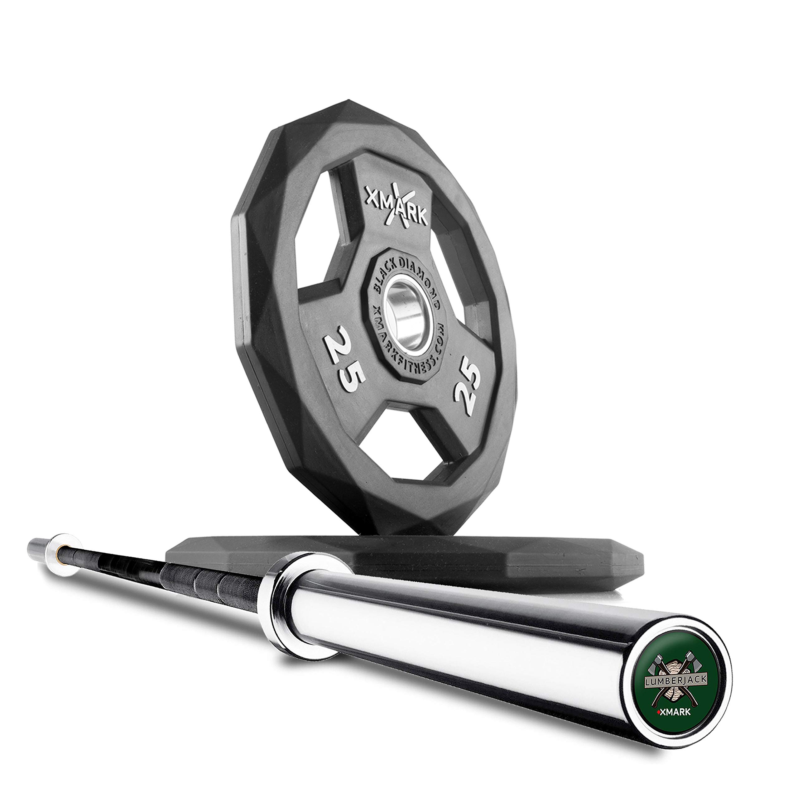 XMark Lumberjack Olympic Bar Set with Black Diamond Rubber Coated Weight Plates - 7ft Olympic Barbell & Bumper Plates for CrossFit, Powerlifting & Home Gym Workouts