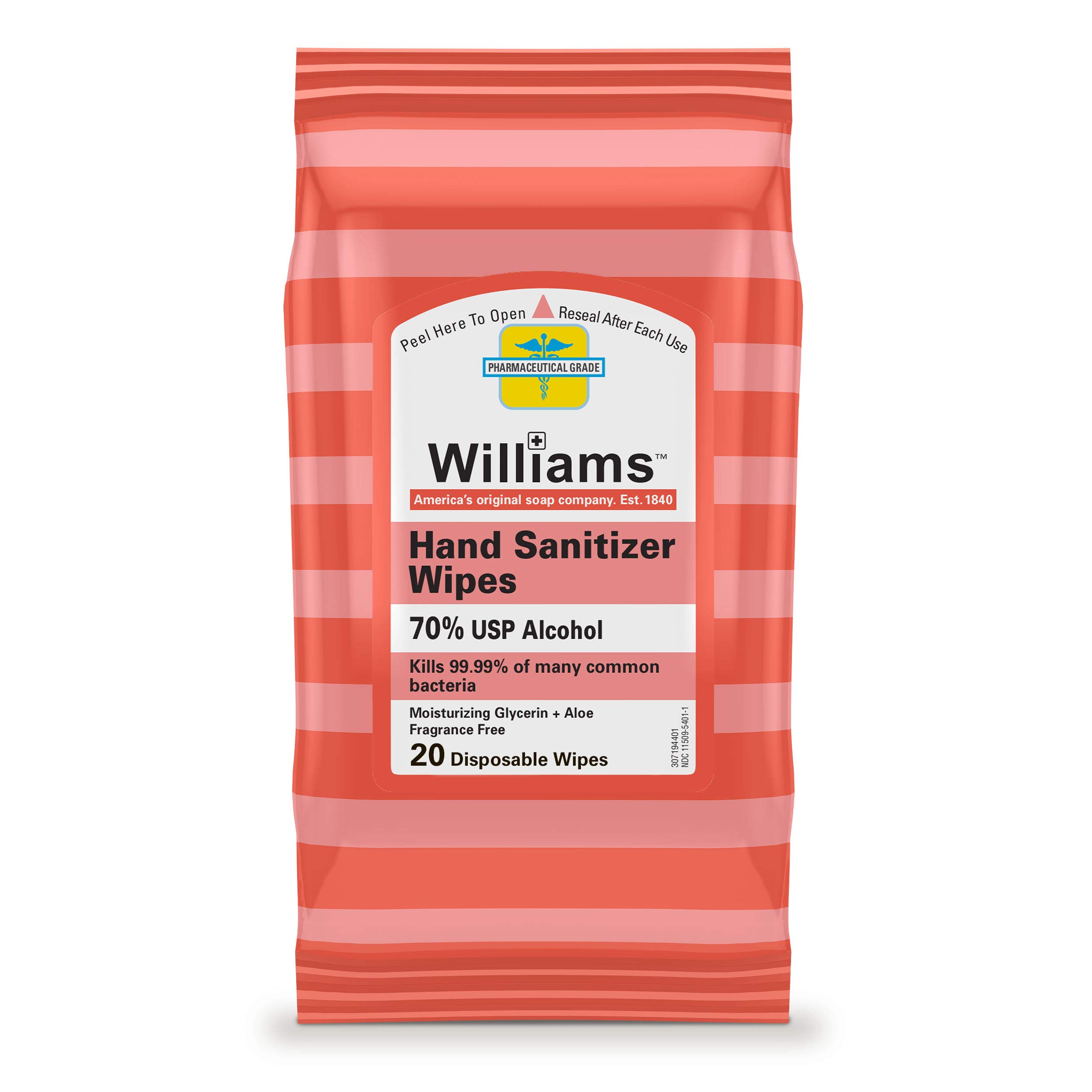 Williams Antibacterial Hand Sanitizer Wipes - Kills 99.99% of Germs, 70% Alcohol with Moisturizing Glycerin & Aloe, Fragrance Free (20 Count) - Perfect for Travel, Office, School & On-the-Go Hygiene