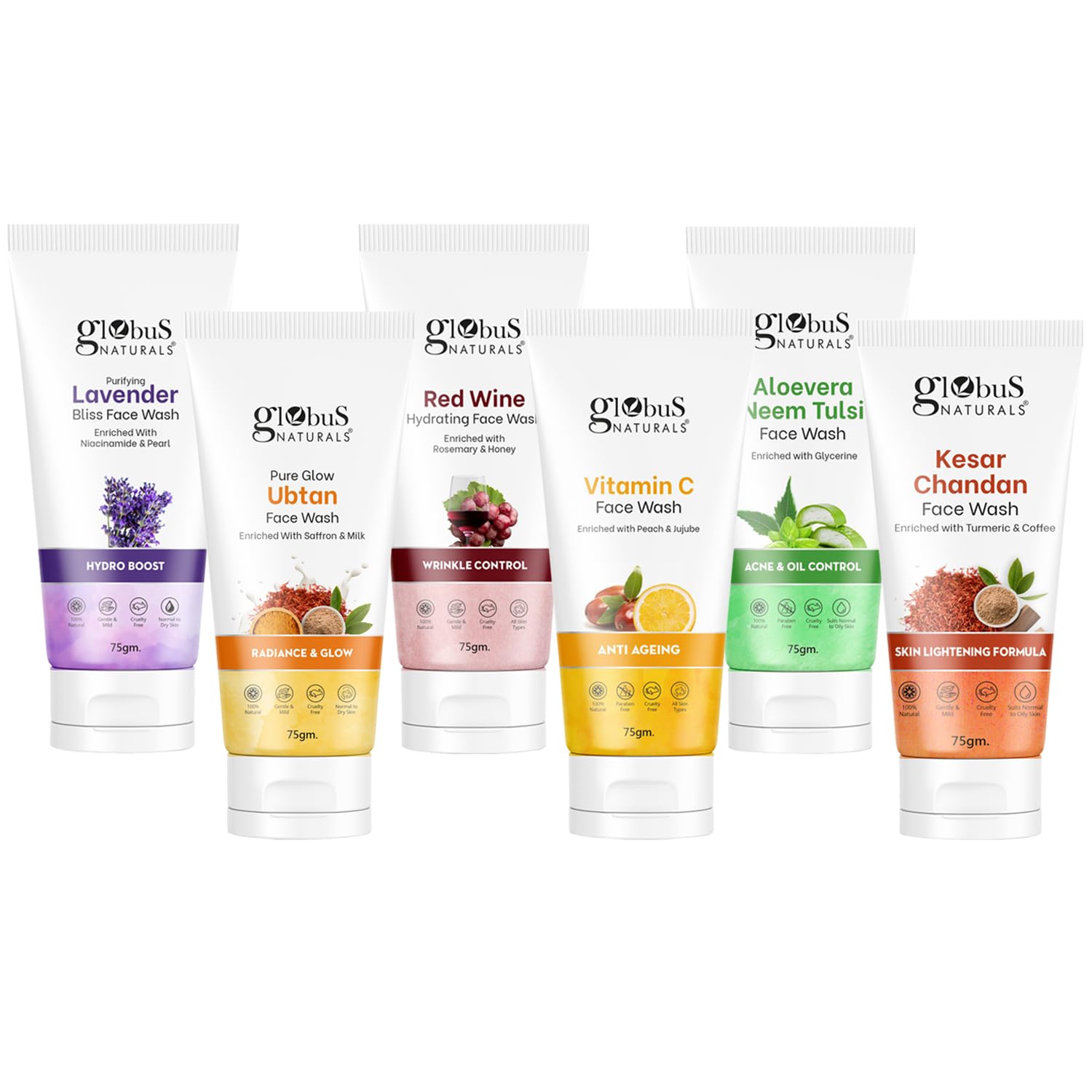 Globus Naturals Face Wash Combo Set of 6 (75g Each) - Lavender, Ubtan, Red Wine, Aloe Vera Neem Tulsi, Kesar Chandan & Vitamin C for Daily Skincare & Acne Control | Gentle Cleansing for All Skin Types | Perfect Travel & Gift Set