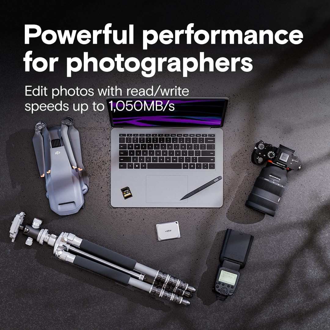 Crucial X9 Pro 1TB Portable SSD - High Speed External Solid State Drive with 1050MB/s Read/Write, USB-C 3.2 & USB-A Adapter, IP55 Water & Dust Resistant - Perfect for Gaming, Photography & Business Storage