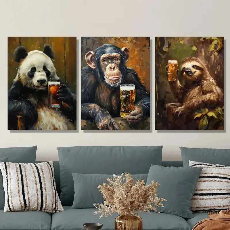 3-Piece Abstract Cute Wild Animal Drinking Beer Metal Wall Art Prints - Ready to Hang Home Decor for Living Room, Bar, Office & Man Cave