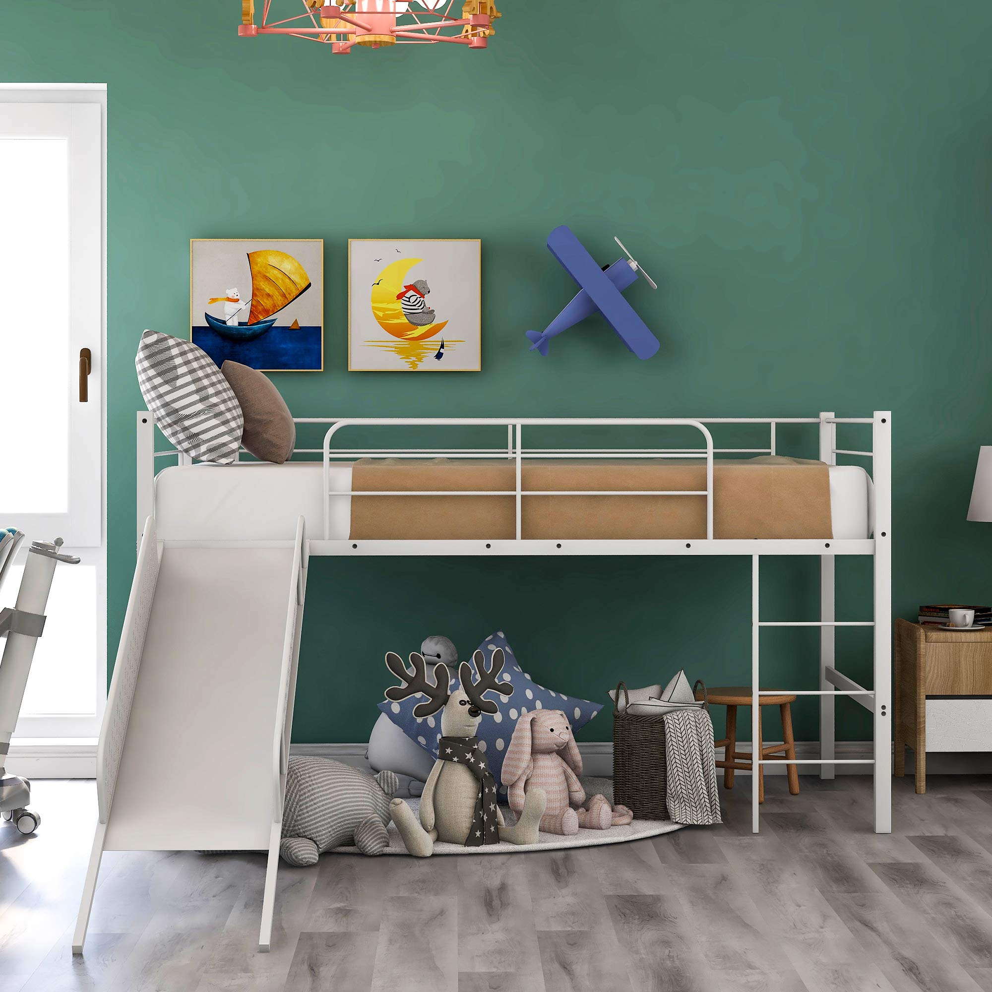 **Twin Loft Bed for Kids - Sturdy Metal Low Loft Bed with Built-in Ladder & Safety Guard Rail, Multifunctional Design with Slide, No Box Spring Required (White) - Perfect for Small Bedrooms & Playrooms**