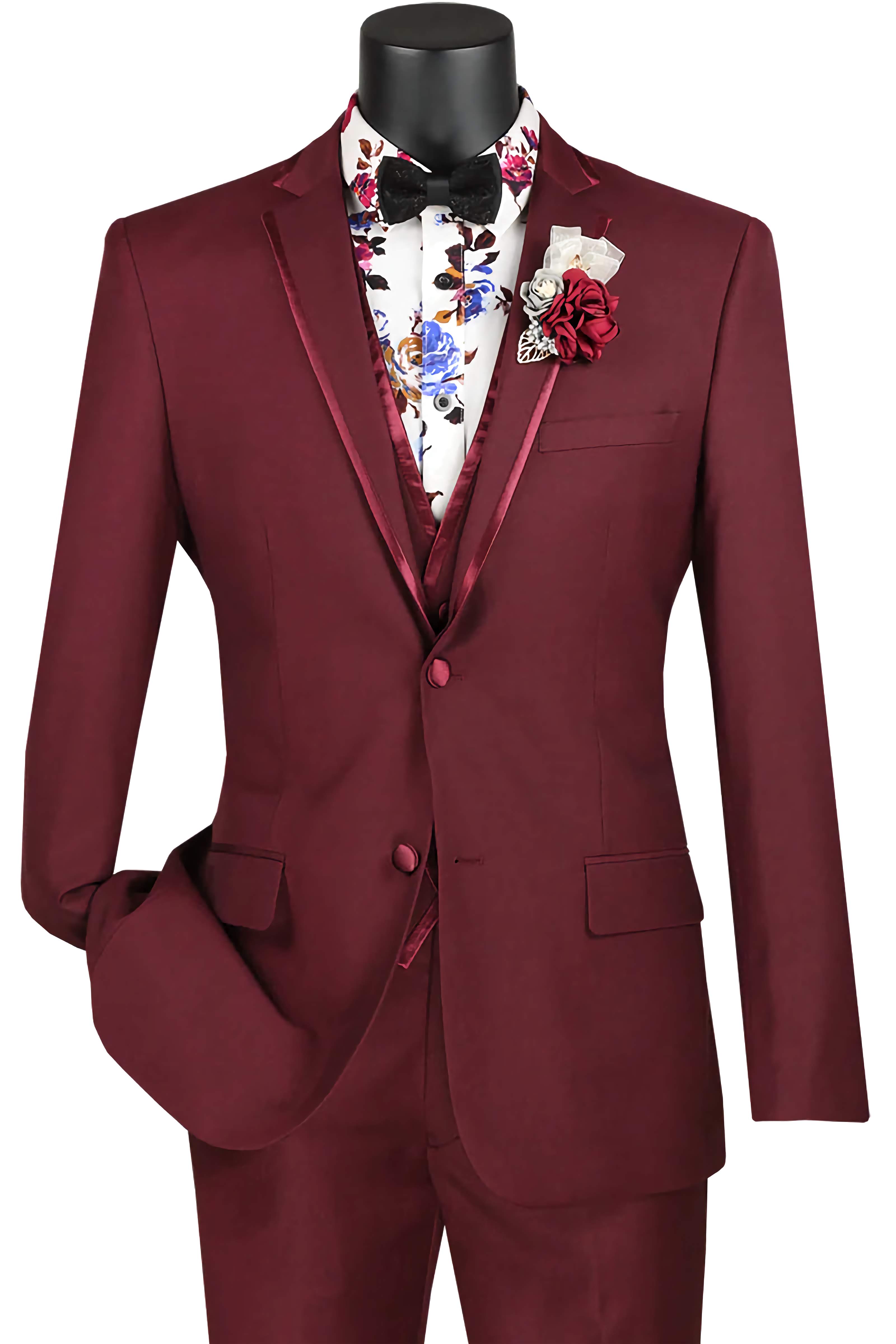 Leo Collection Slim Fit Tuxedo Suit for Men - 2 Button 3 Piece Burgundy Wedding Suit | Formal Business Attire & Special Occasion Outfit