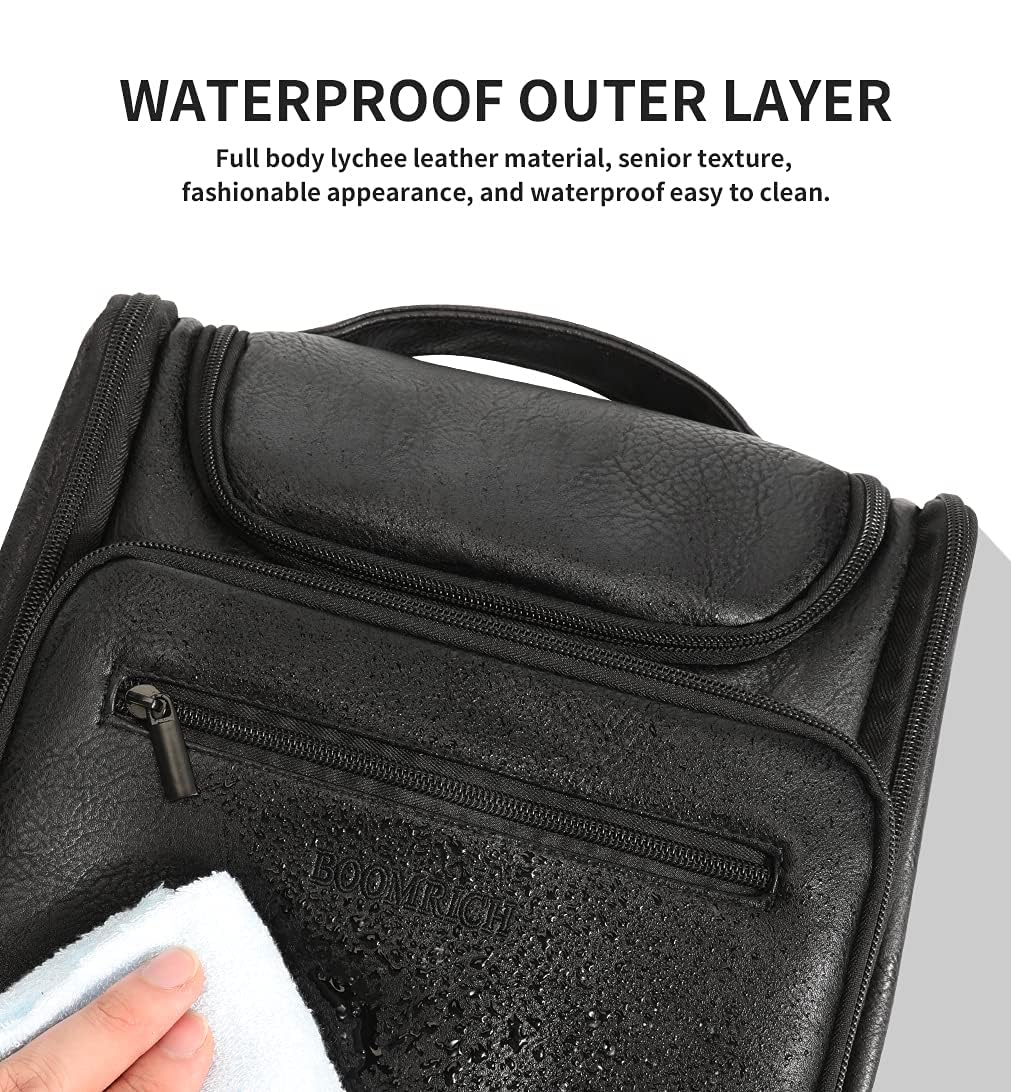 BOOMRICH Large Leather Travel Makeup Bag for Women - Hanging Toiletry Organizer with 360° Hook & Adjustable Shoulder Strap - Fits Full-Sized Cosmetics, Brushes & Toiletries (Black) - Perfect for Vacation, Business Trips & Gym Essentials