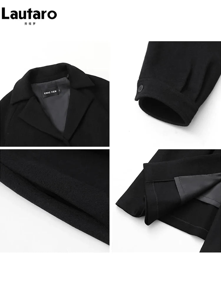 Luxury Vintage Black Wool Coat for Women - Warm Thick Winter Long Flowy Designer Coat - 2 Piece Outfit Set 2023 | Perfect for Fall & Winter Fashion, Office Wear & Holiday Outfits