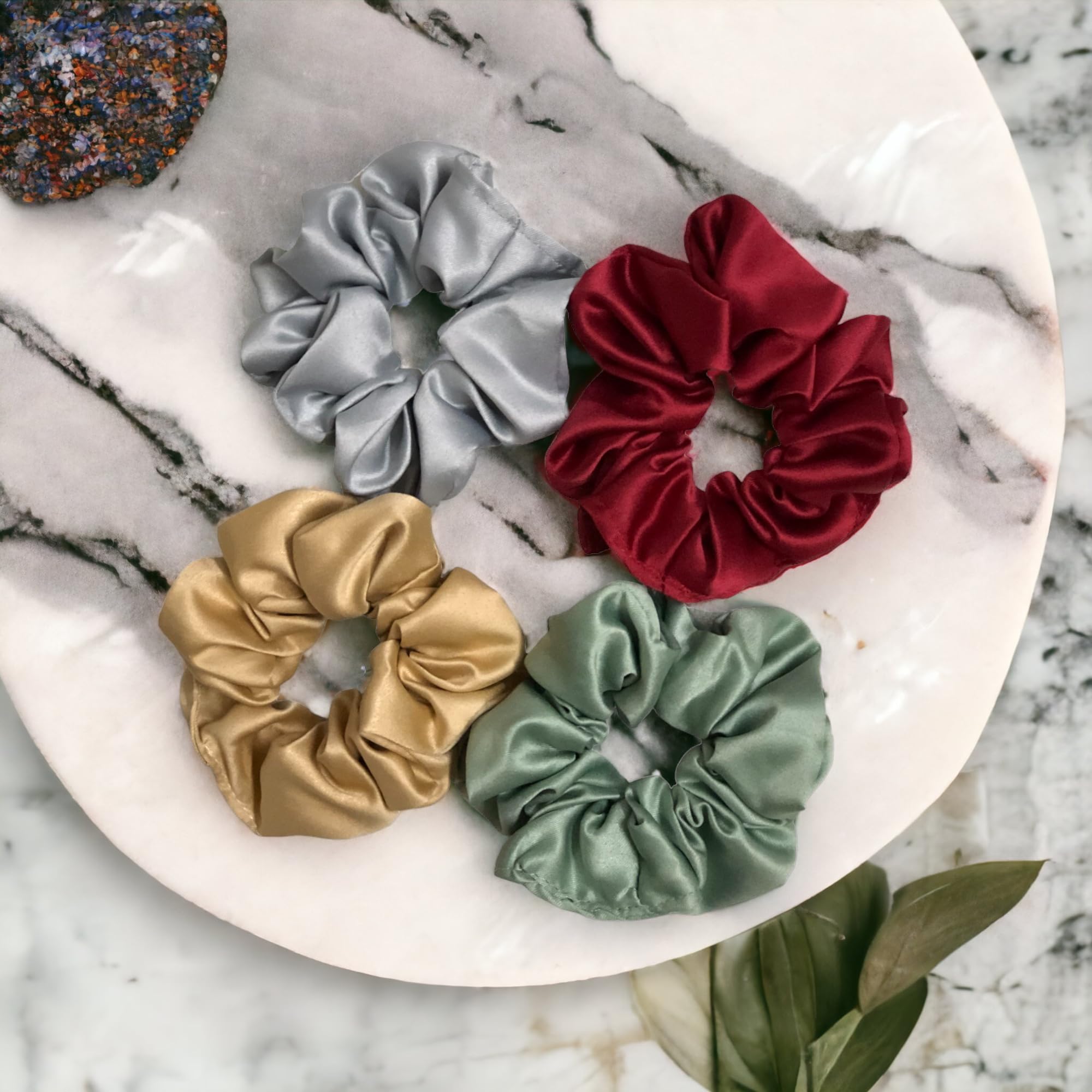 Luxury Satin Silk Scrunchies & Hair Bands for Women, Girls, Kids - Soft Elastic Hair Ties for Daily Use, Parties, Gifts in Silver, Beige, Dark Red, Pastel Green (4-Pack) - Perfect for School, Work, Weddings & Special Occasions
