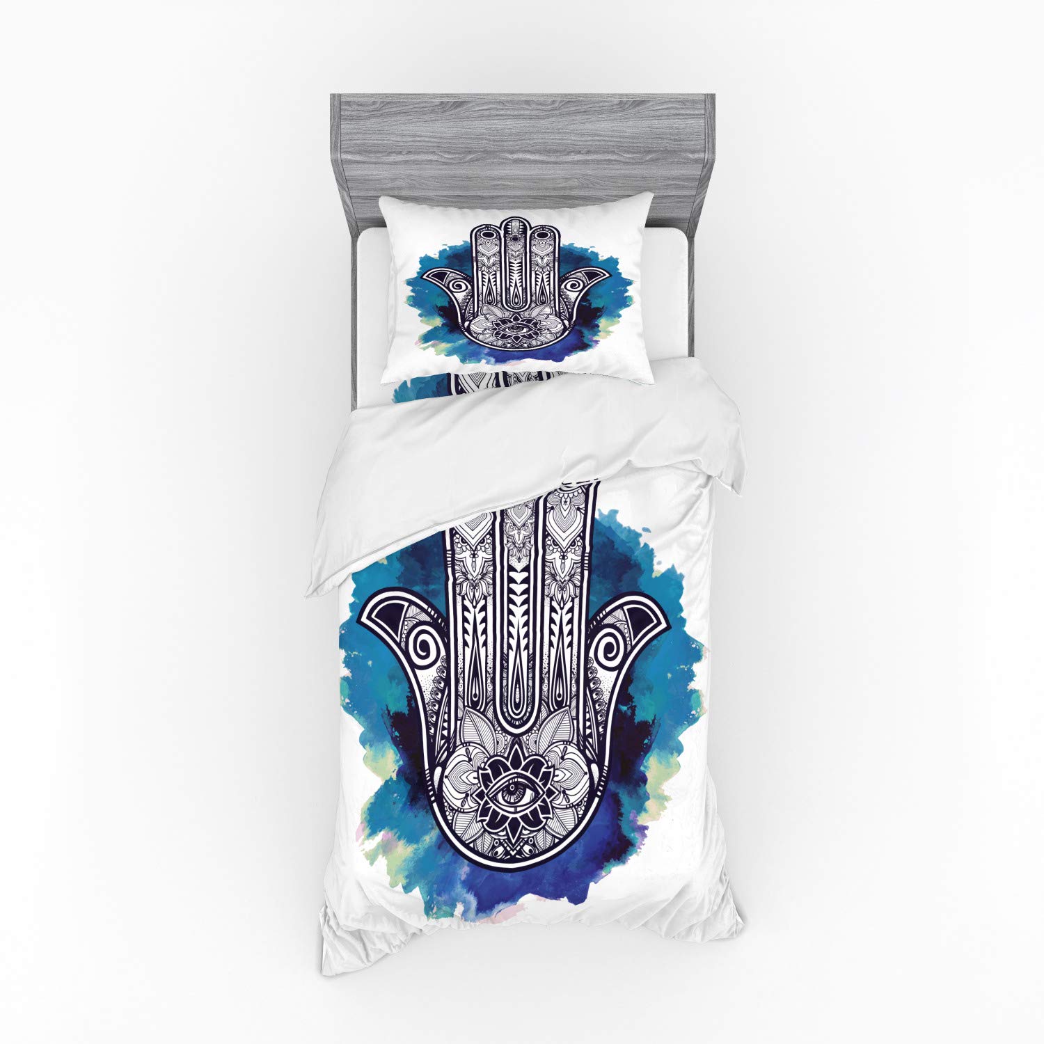 Ambesonne Bohemian Style Hamsa Duvet Cover Set - Moroccan Lucky Charm Watercolor Design with Rich Ornaments, 3-Piece Bedding Set Includes Sham & Fitted Sheet, Twin XL Size in Blue Indigo White - Perfect for Boho Bedroom Decor & Guest Room Styling