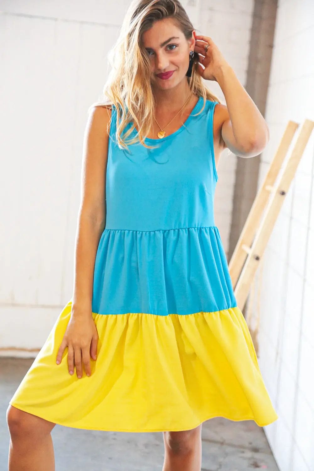 Blue Flare Color Block Tiered Woven Dress for Women - Summer Boho Maxi Dress with Pockets, Beach Wedding Guest Outfit, Vacation & Party Wear
