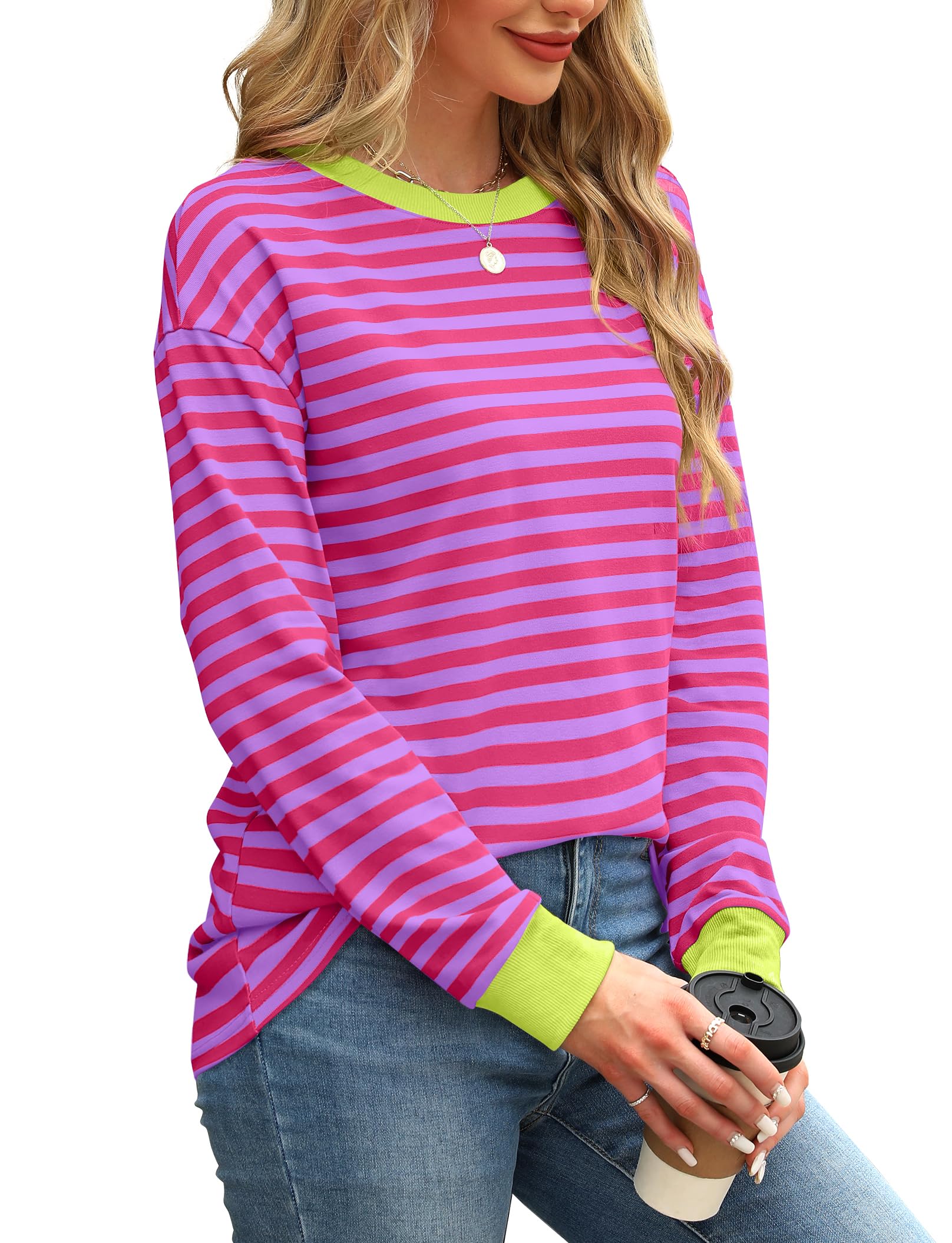 WIHOLL Women's Long Sleeve Striped Tunic Top - Crewneck Casual Blouse for Work, Office & Everyday Wear | Comfortable & Stylish Plus Size Tops