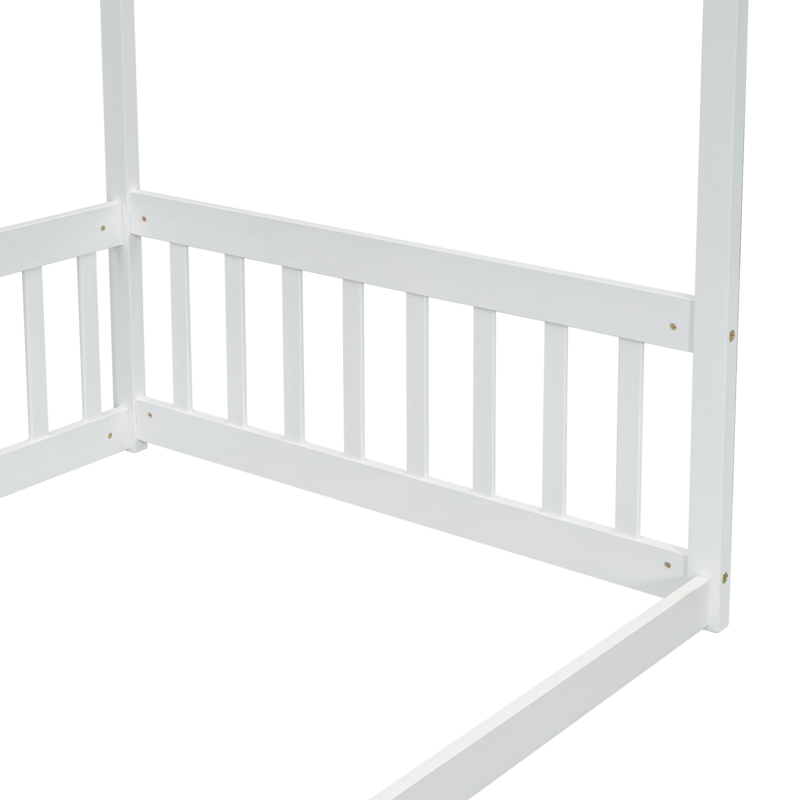 Twin Size Canopy Bed Frame with Guardrails for Kids - Wooden Four Poster Montessori Floor Bed for Girls & Boys (White) - Perfect for Bedrooms, Playrooms & Montessori Learning Spaces