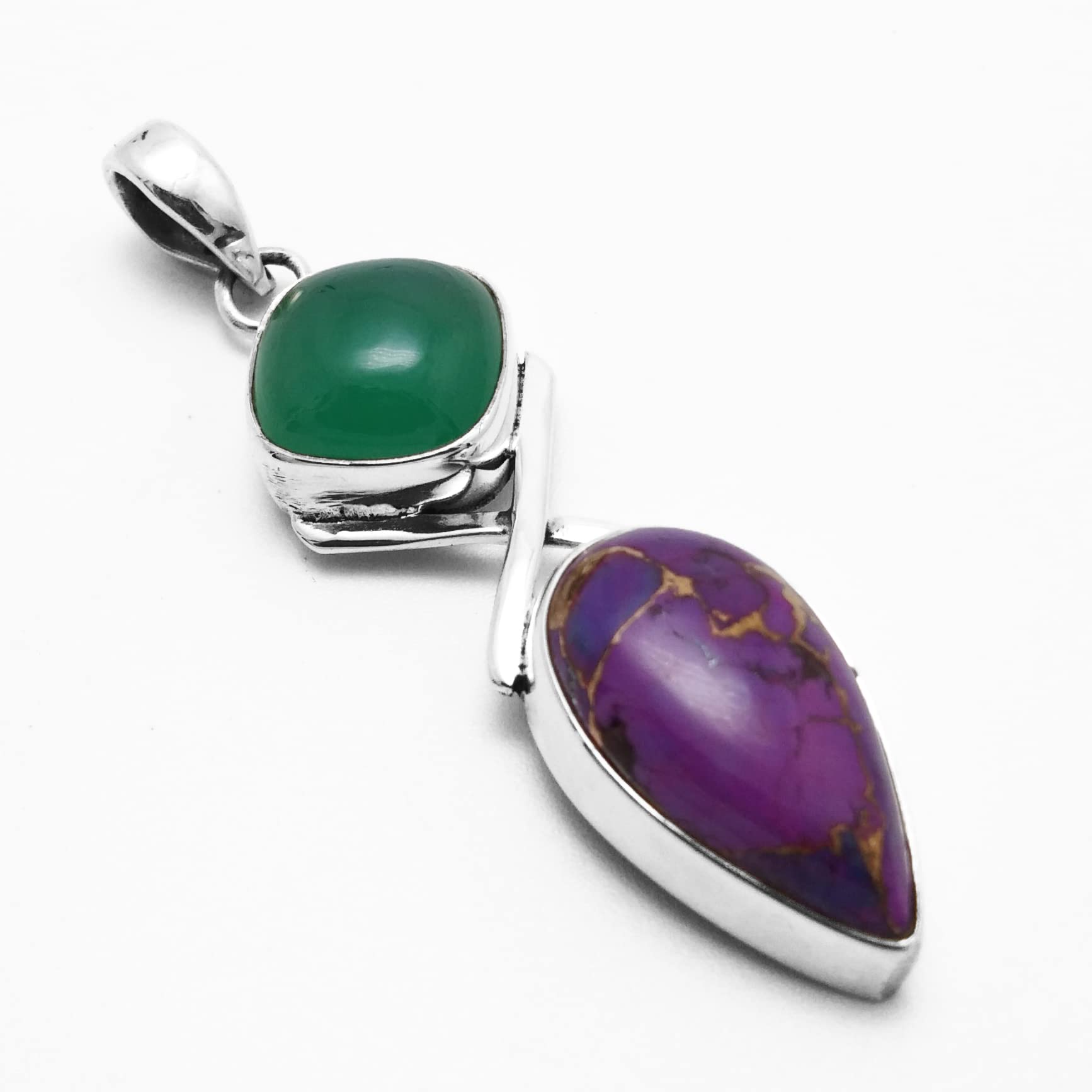 925 Sterling Silver Purple Copper Turquoise & Green Onyx Pendant Necklace - Two Stone Dainty Jewelry for Women, Birthday Gift for Mom, Christmas Present | Perfect for Everyday Wear, Special Occasions & Gift Giving