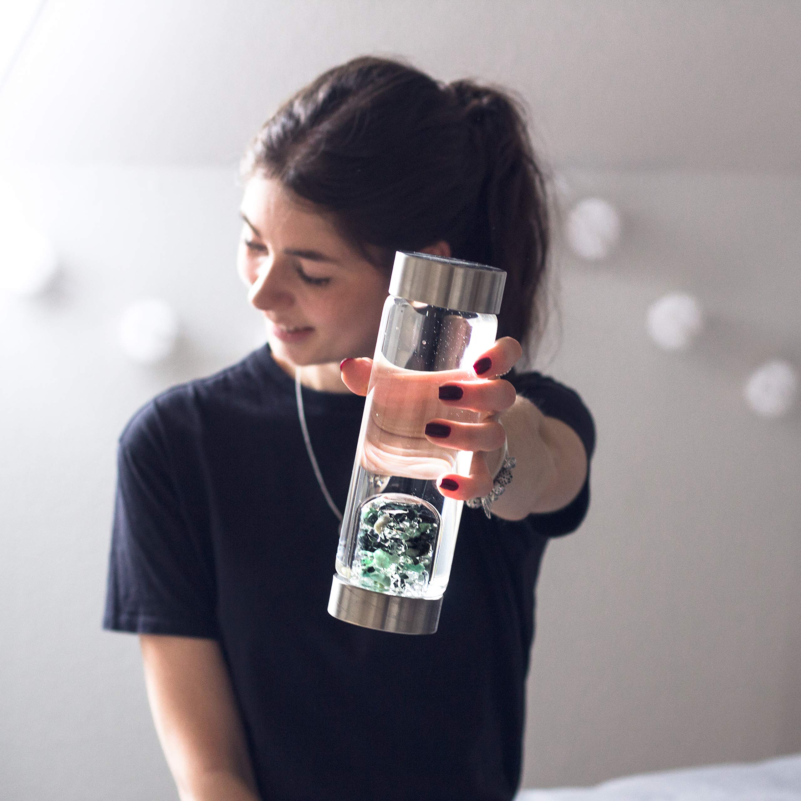 VitaJuwel ViA VITALITY Crystal Water Bottle with Emerald & Clear Quartz - Energy Infused Water for Hydration, Detox & Wellness | Perfect for Yoga, Meditation & Daily Fitness Routine