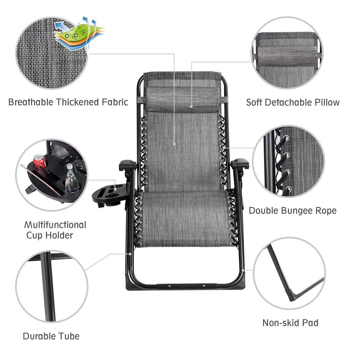 SAFSTAR Zero Gravity Chair - Oversized Outdoor Lounge Chair with Cup Holder & Detachable Pillow, 500 Lbs Capacity Folding Patio Recliner for Backyard, Poolside, Beach, Camping - Comfortable Gray Relaxation Chair