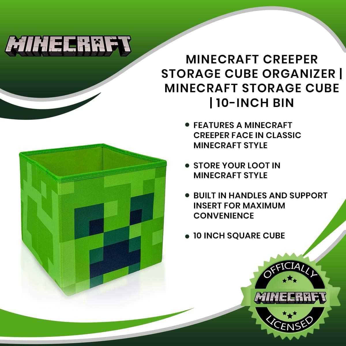 Minecraft Creeper Storage Cube Organizer - 10-Inch Square Bin for Kids Room, Office & Game Room Organization | Minecraft Themed Storage Box | Perfect for Toys, Books & School Supplies