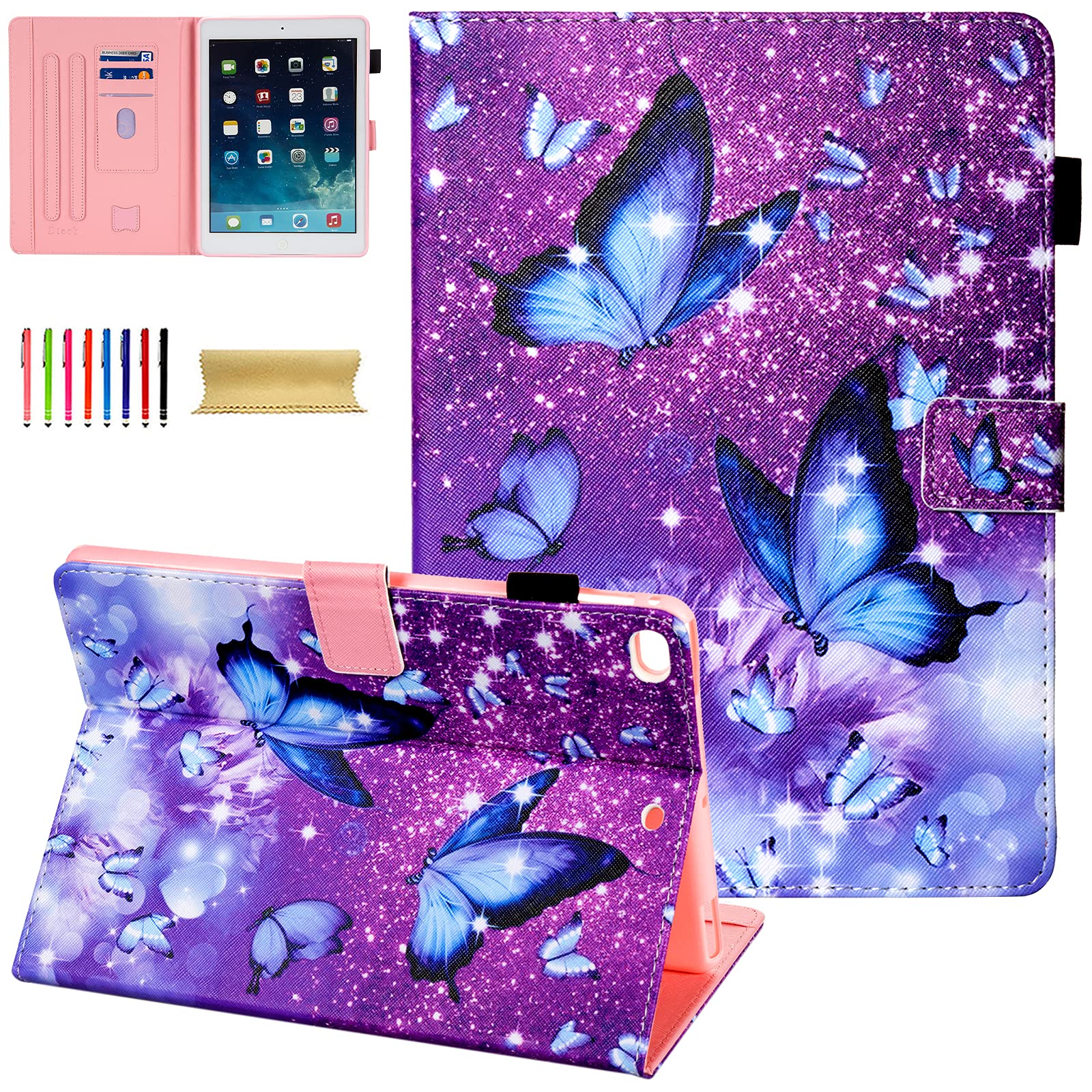 Dteck Leather Smart Case for iPad 6th/5th Generation (2018/2017) & iPad Air 1/2 - Shockproof Protective Cover with Auto Sleep/Wake & Adjustable Stand | Cute Butterfly Fairy Design | Perfect for Work, School & Travel | Fits 9.7 inch iPad