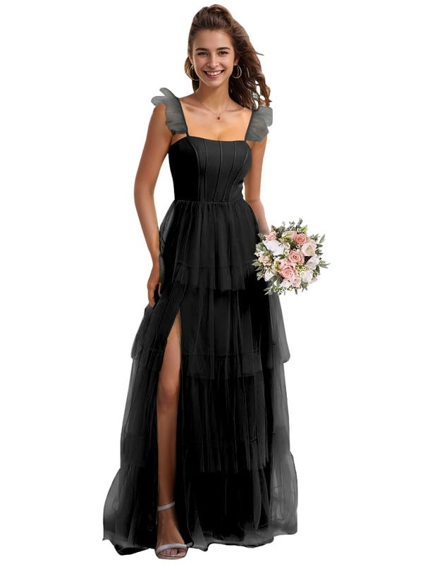 Elegant Women's Tulle Tiered Bridesmaid Dress - Long A-Line with Slit, Spaghetti Straps & Ruffles for Formal Weddings | Perfect for Bridal Party, Evening Galas & Special Occasions