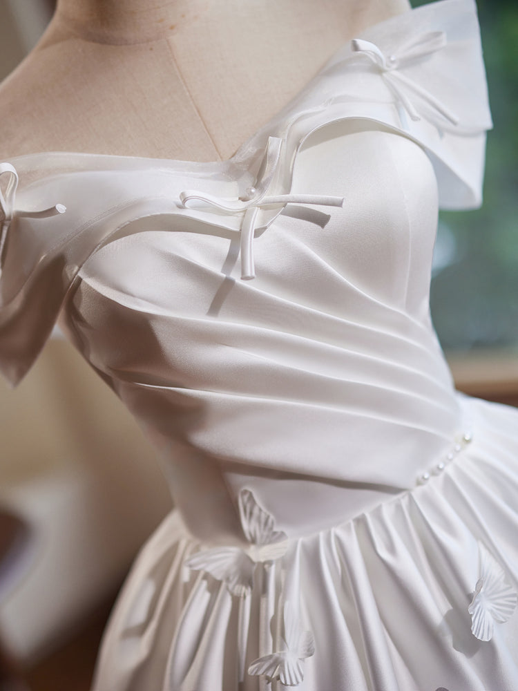 Elegant Off Shoulder A-Line Satin White Short Prom Dress with Butterfly Applique - Perfect for Homecoming, Cocktail Parties & Special Occasions