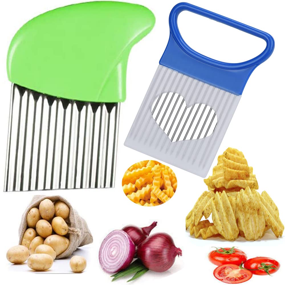 2PCS Stainless Steel Crinkle Cut Wavy Chopper - Multi-Functional Vegetable & Potato Slicer for French Fries - Safe Kitchen Tool (Blue & Green) - Perfect for Home Cooking, Meal Prep & Restaurant Use