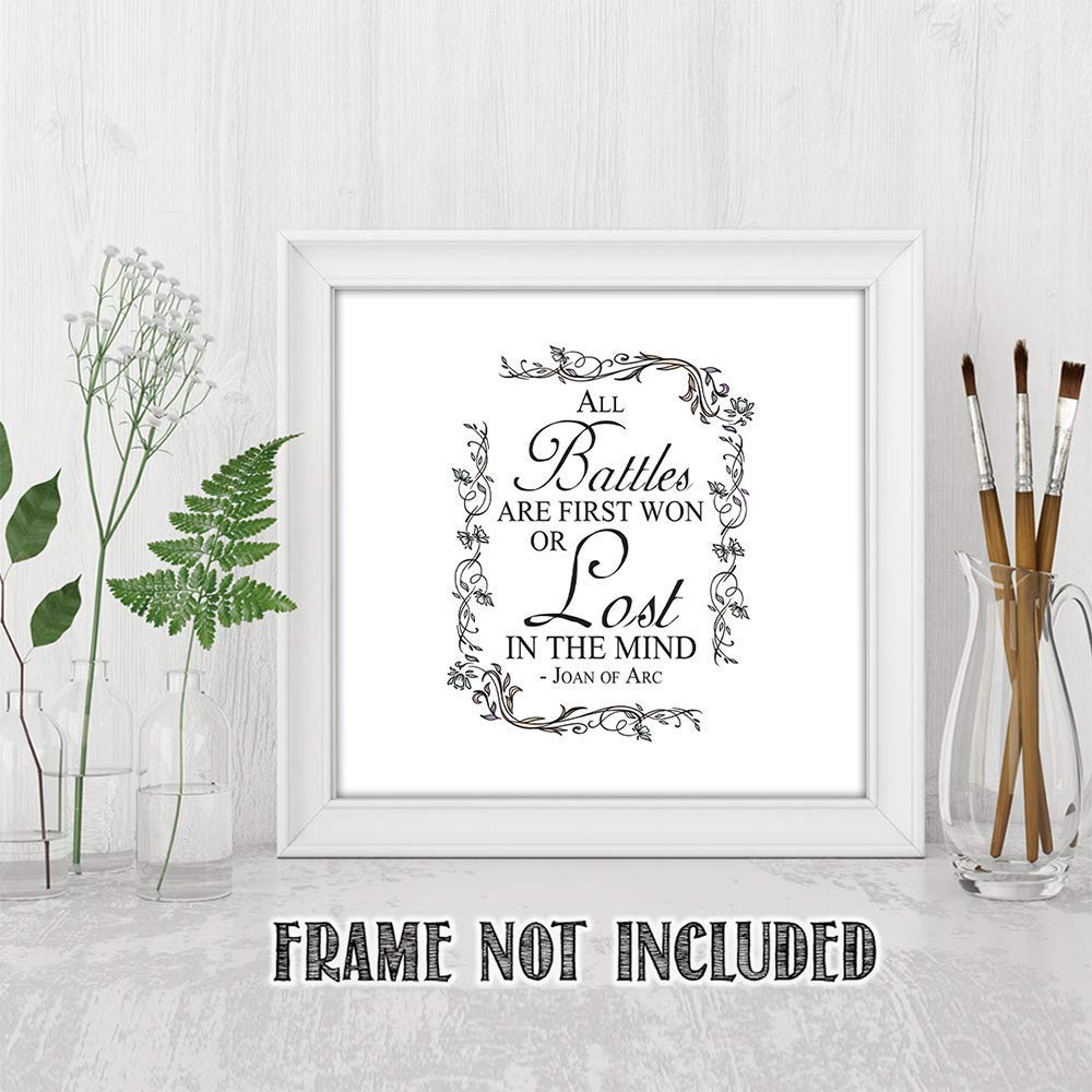 TJ Originals - 'All Battles are First Won or Lost in the Mind' Joan of Arc Christian Bible Quote Wall Art Print - 11x14 Inspirational Scripture Decor with Floral Border - Perfect for Home, Office & Gift for Family & Friends
