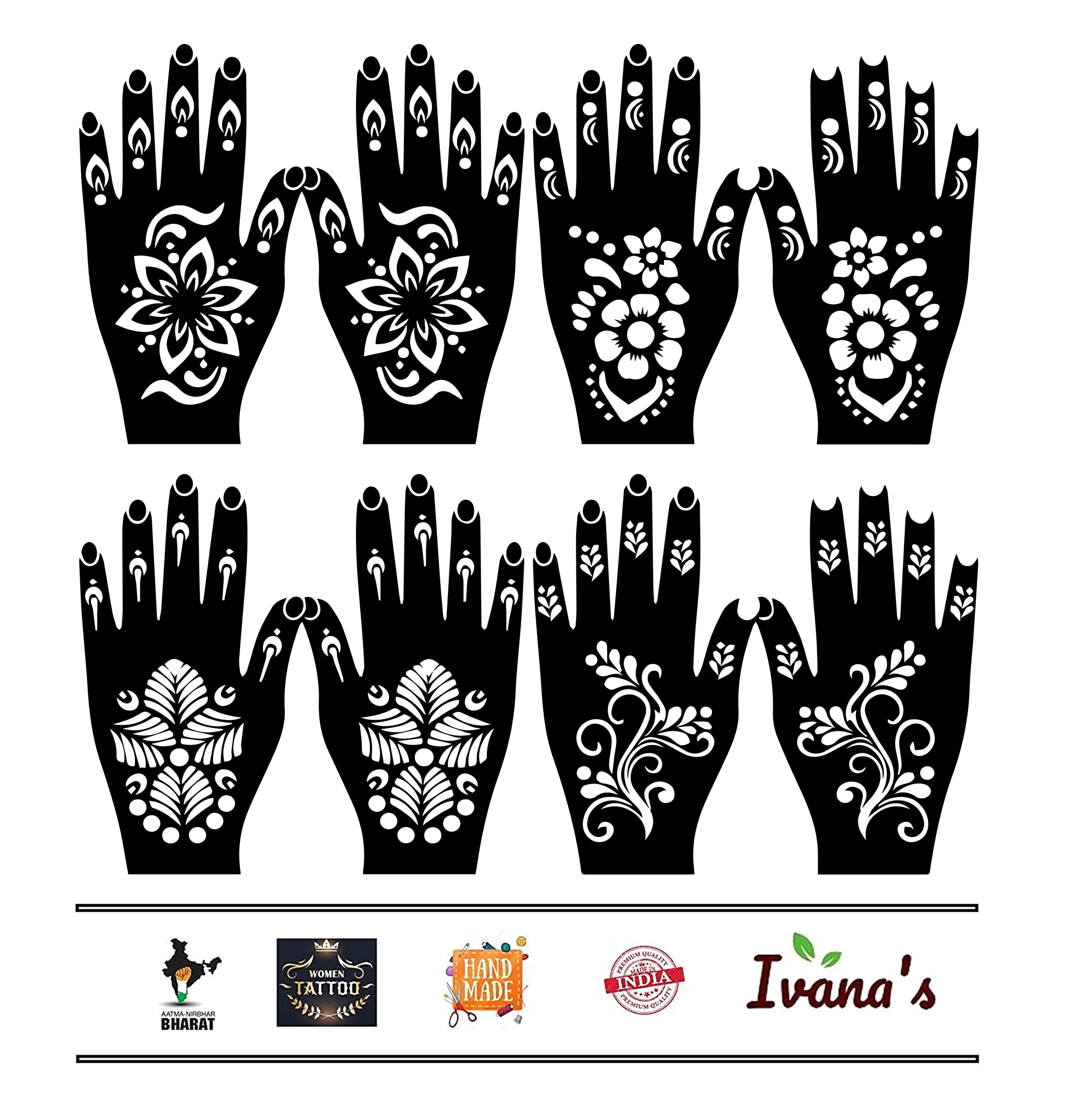 Set of 8 Henna Tattoo Stencils for Women, Girls & Kids - Beautiful Hand Design Temporary Tattoo Kit - Perfect for Parties, Weddings & Festivals (M-28)