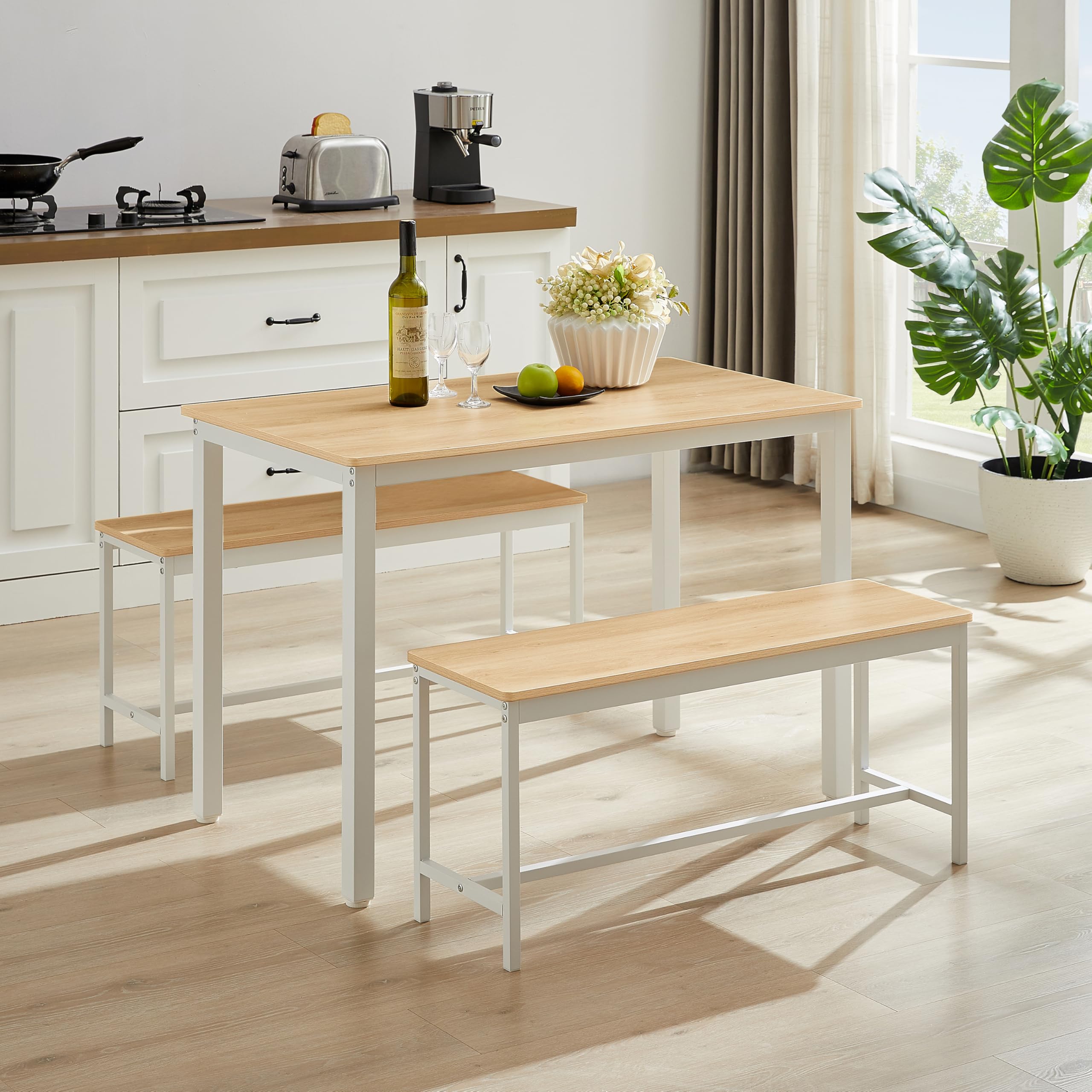Modern 3-Piece Dining Room Set with Bench - Rectangular Table & Chairs for 4, Metal & Wood Design (Wood Top/White Legs) - Perfect for Small Spaces, Apartments & Cozy Kitchens