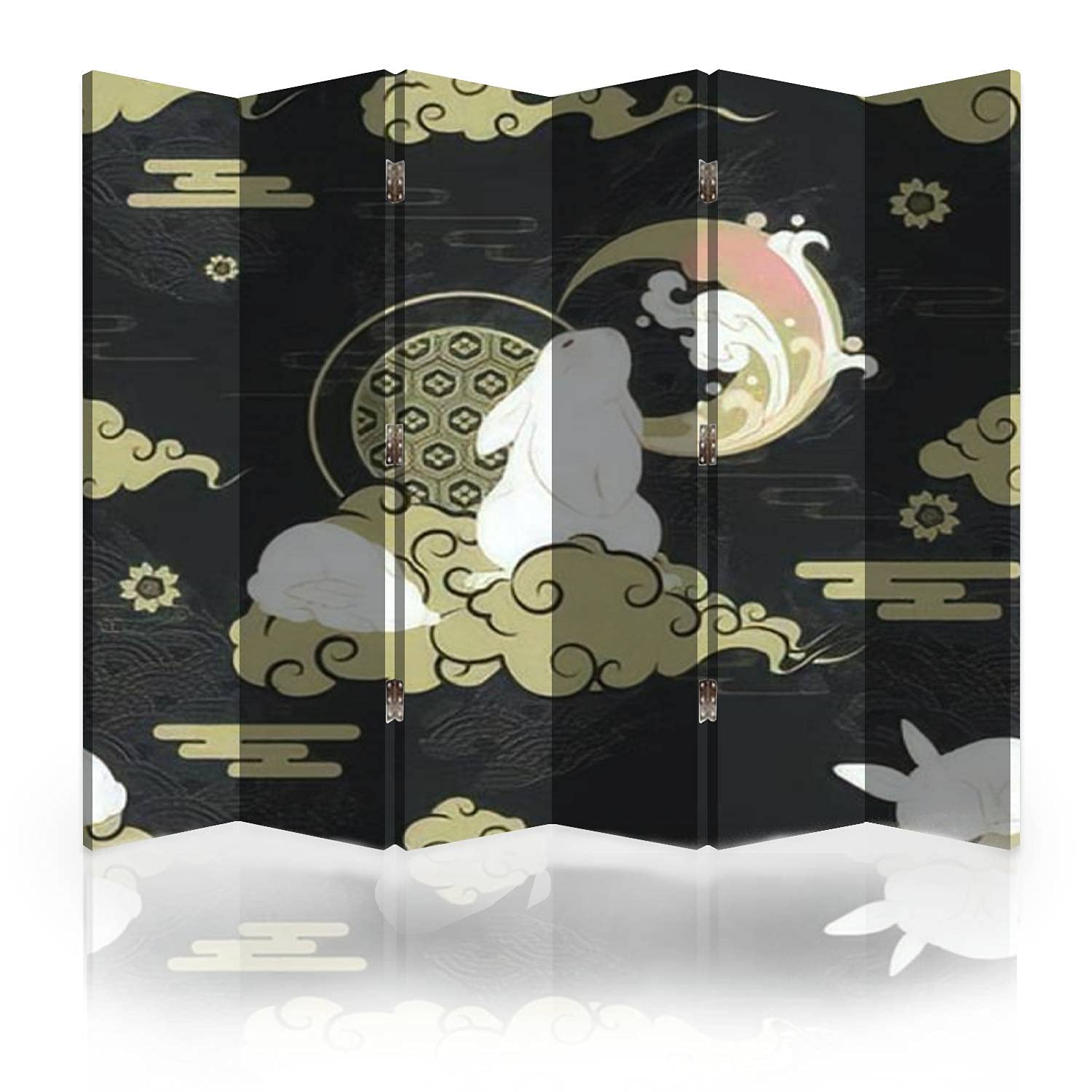 Japanese Style Canvas Room Divider Screen - 6 Panel Folding Privacy Partition with White Rabbit & Gold Repeat Pattern Art | Perfect for Bedroom, Office, Yoga Studio & Room Separation