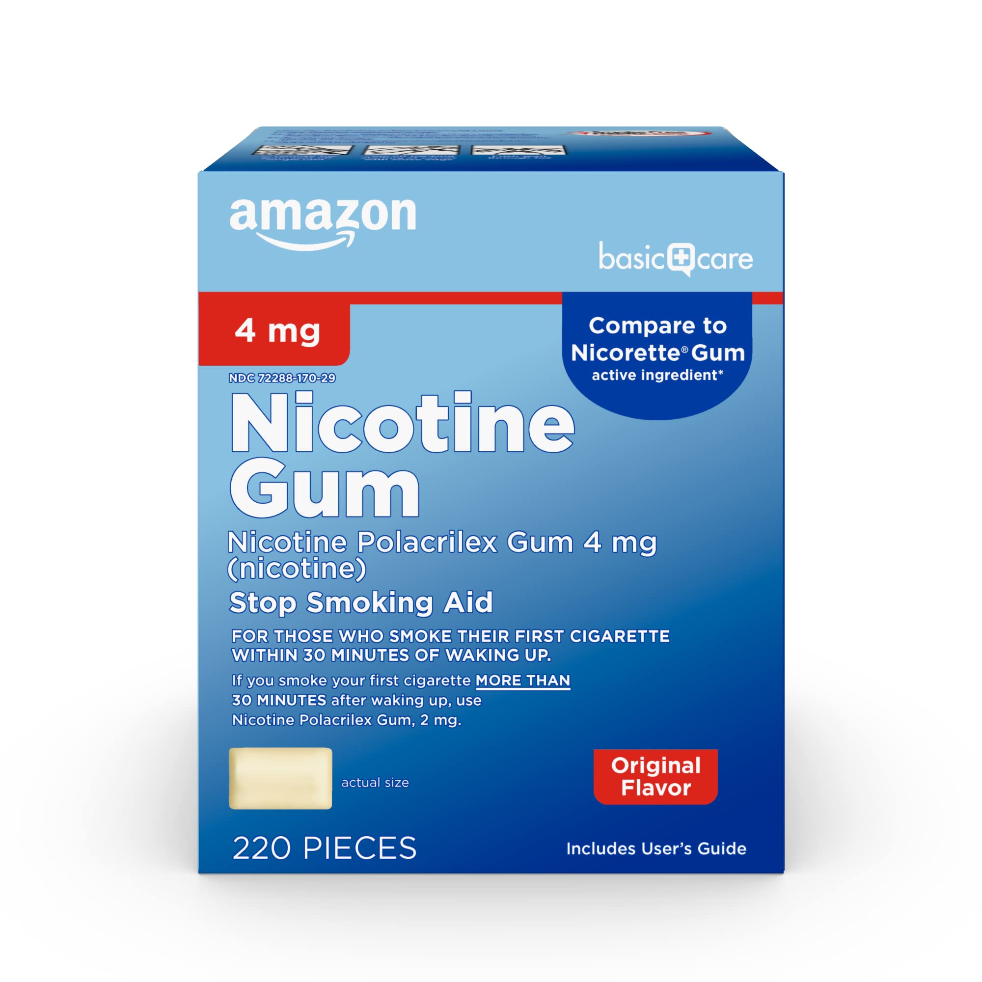 Amazon Basic Care Uncoated Nicotine Polacrilex Gum 4mg, Original Flavor - 220 Count Stop Smoking Aid for Craving Relief | Helps Quit Smoking, Freshens Breath & Reduces Stress at Work or Home