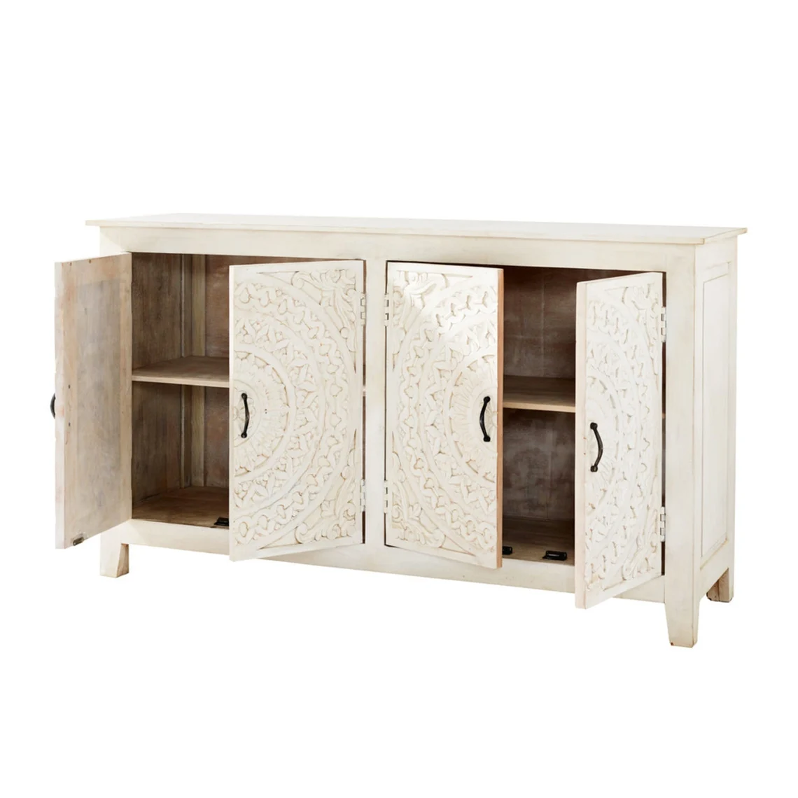 Hand Carved White Solid Wood Four Door Sideboard Buffet Cabinet - Elegant Dining Room Storage for China, Silverware & Linens