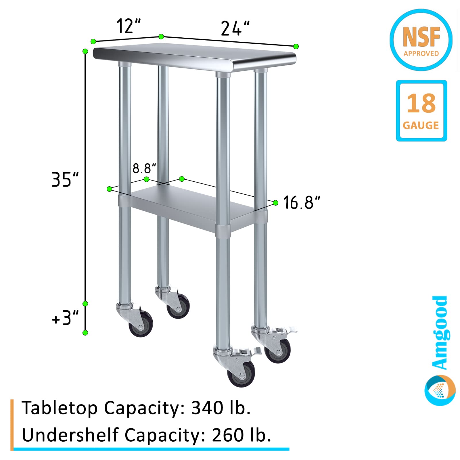 AmGood Stainless Steel Work Table with Casters - Heavy Duty Metal Utility Table on Wheels, 12x24 Inches - Perfect for Commercial Kitchen, Garage Workshop & Industrial Workstations