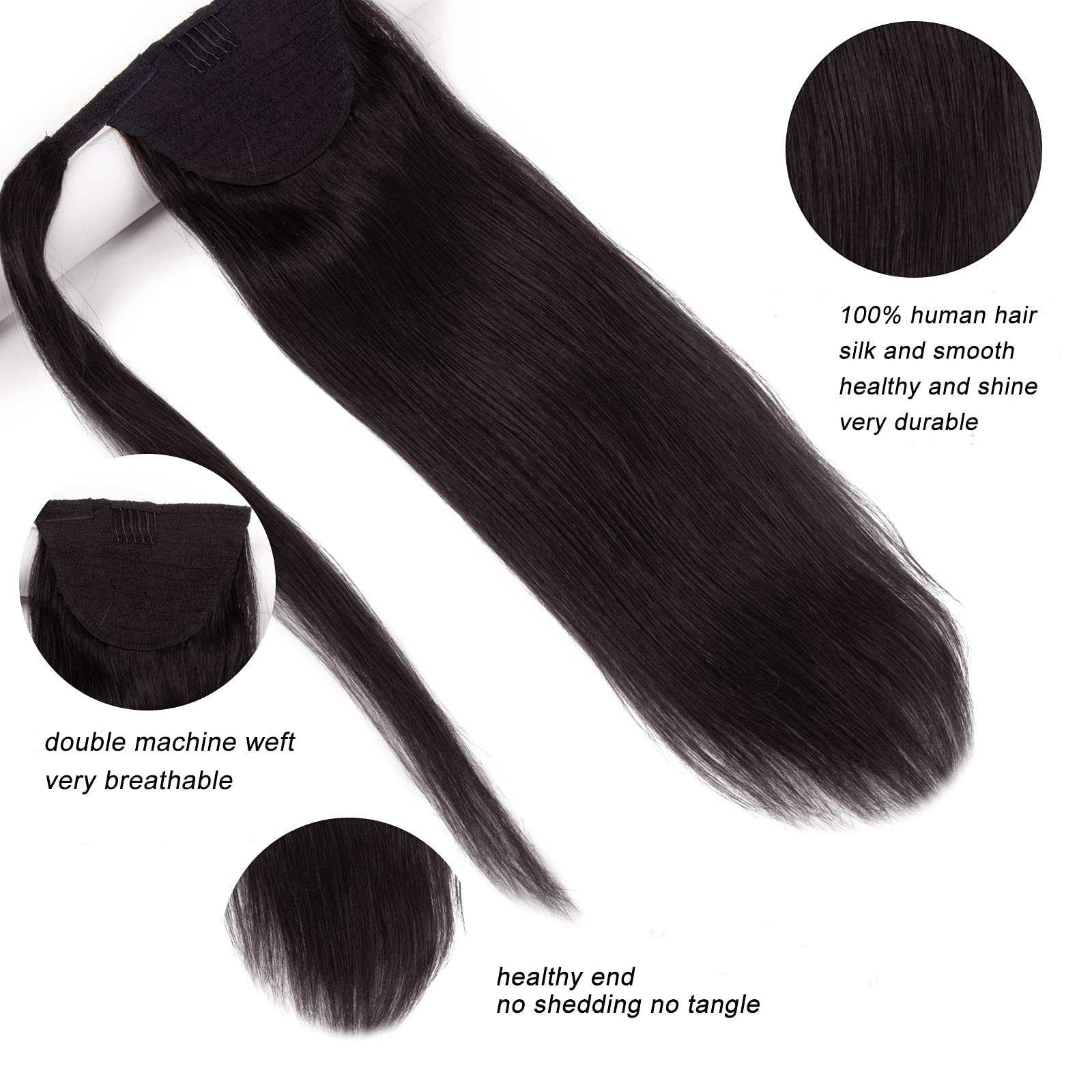 Ugrace Clip-In Human Hair Ponytail Extension for Black Women - 16 Inch Straight Natural Black #1B Wrap Around Ponytail Hairpiece | Perfect for Daily Wear, Parties, Weddings & Special Occasions