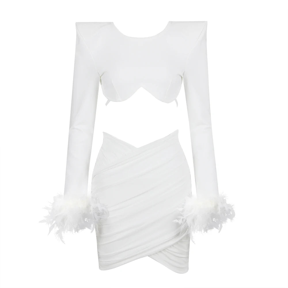 Black & White Winter Women's Long Sleeve Feather Trim Sexy Waist Cutout Bodycon Mini Dress - Rayon Stretchy Bandage Clubwear for Night Out & Party