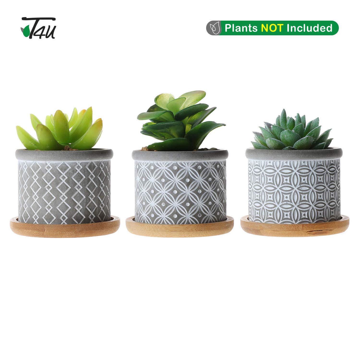 T4U 2.5 Inch Grey Cement Succulent Planter Pots with Bamboo Tray - Set of 3 Small Concrete Cactus & Herb Planters for Home, Office, Window Decor - Perfect for Gardening Gifts, Birthday Presents & Indoor Plant Displays