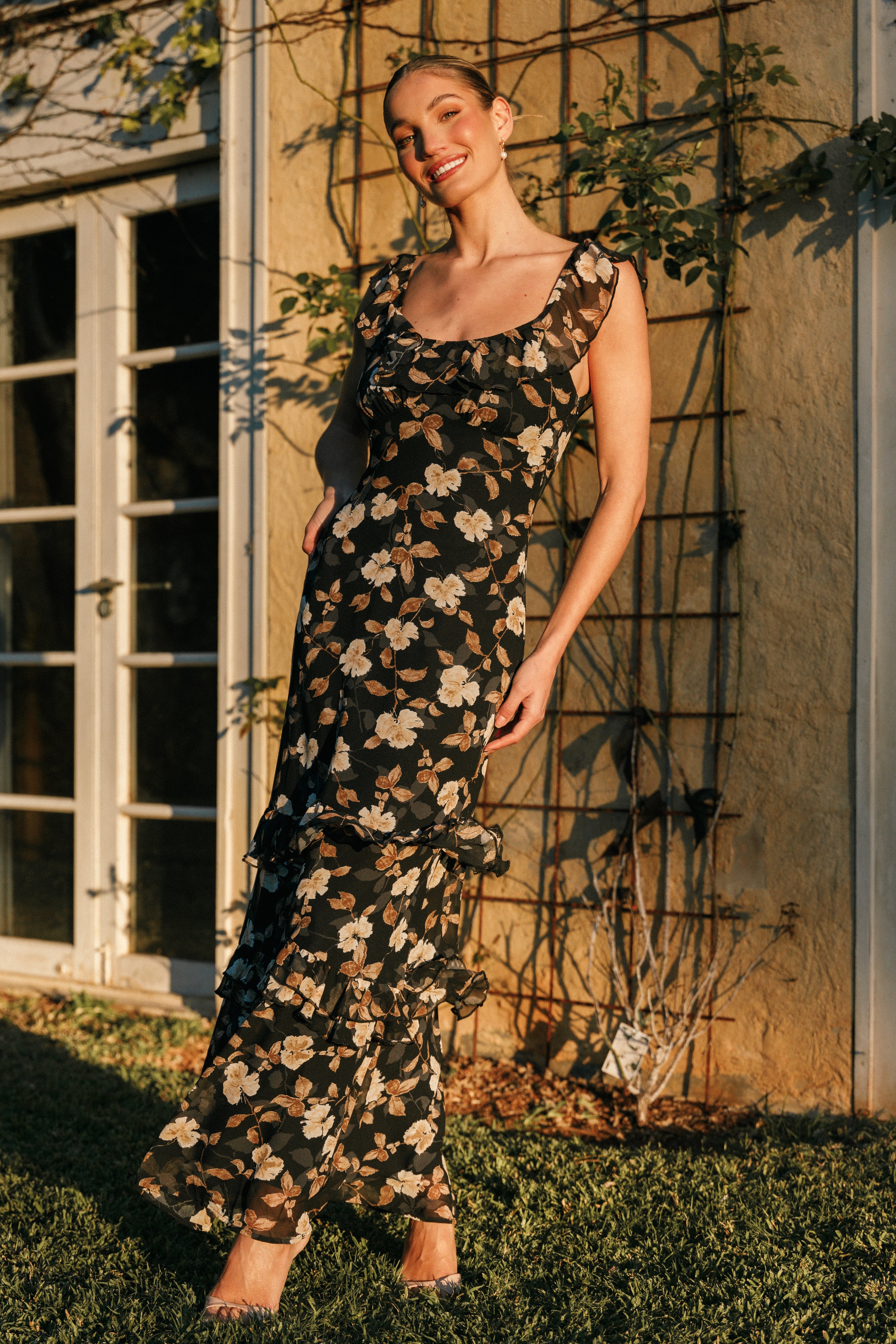 Irelynn Women's Black Floral Maxi Dress - Elegant Long Sleeve Flowy Summer Dress for Beach, Wedding & Vacation