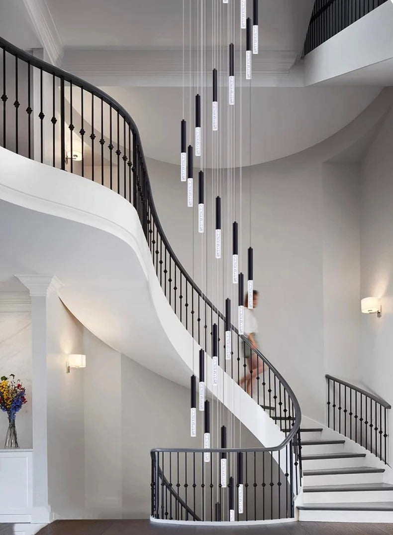 Elegant Crystal Tube Staircase Chandelier - Modern LED Lighting Fixture for Home & Foyer Decor | Perfect for Stairwells, Entryways, and Grand Halls