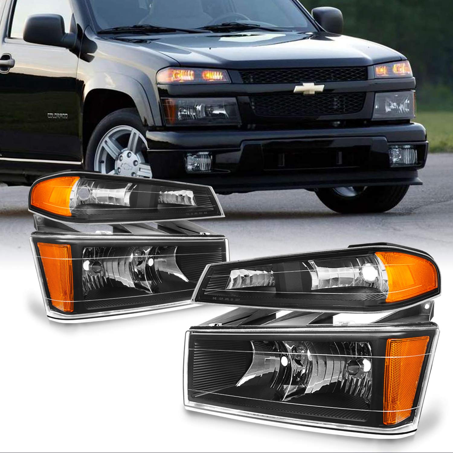 AKKON Black Headlights & Parking Lights Replacement Pair for Chevy Colorado & Canyon - Driver & Passenger Side - Upgrade Your Truck's Style & Night Visibility
