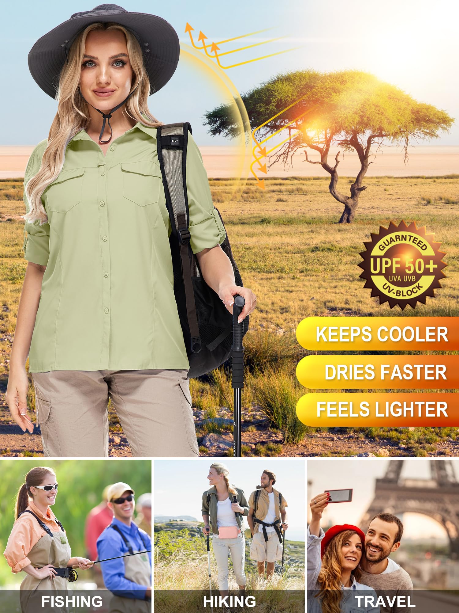 UPF50+ Sun Protection Fishing Shirts for Women & Men - Long Sleeve Travel Work Shirts with Zipper Pockets - Perfect for Safari, Hiking, and Outdoor Adventures