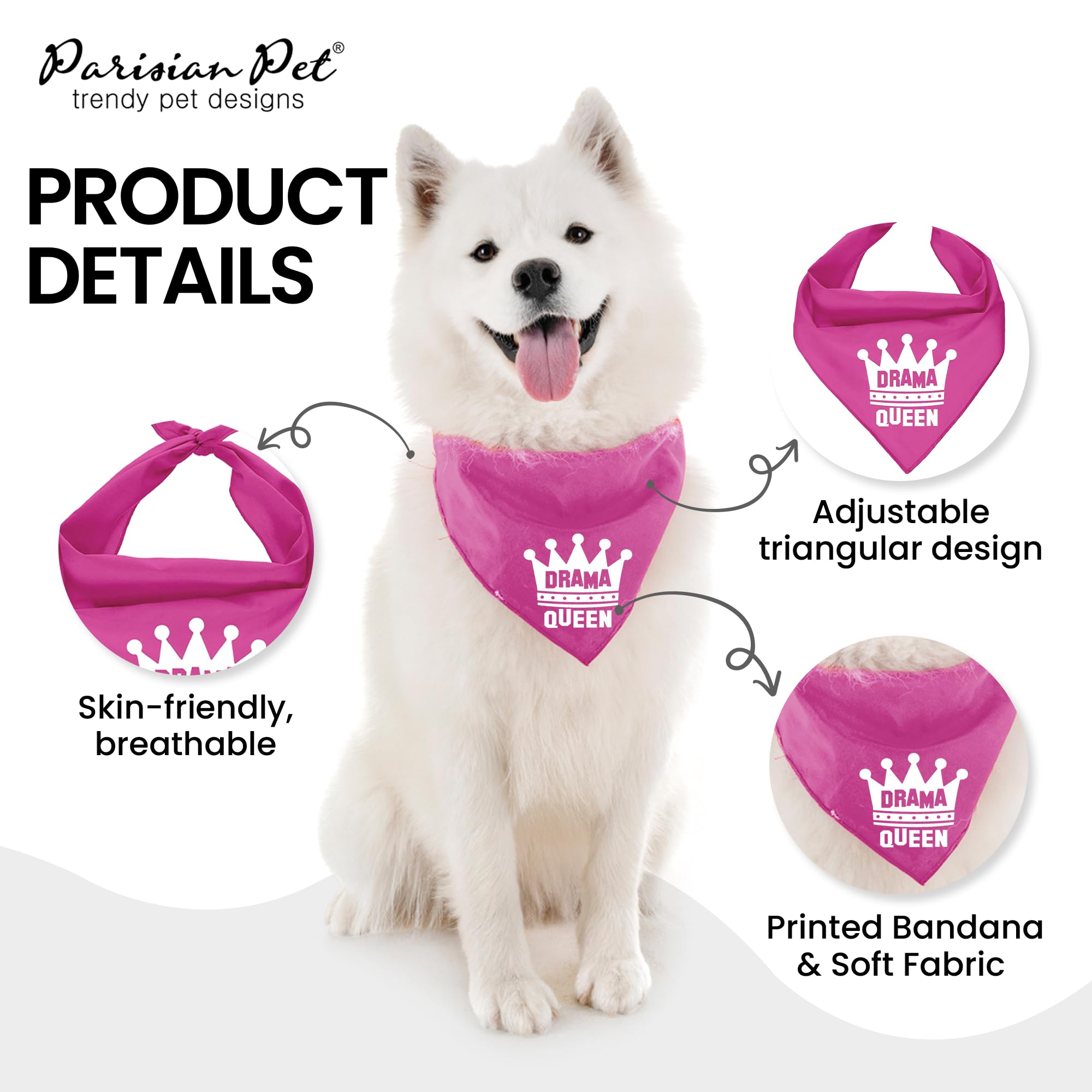Parisian Pet Dog Bandanas - 'Drama Queen' Printed Adjustable Dog Scarf for Small Dogs | Washable Polyester Triangle Bandana in Elegant Pink | Perfect for Pet Fashion, Birthday Parties & Photo Shoots