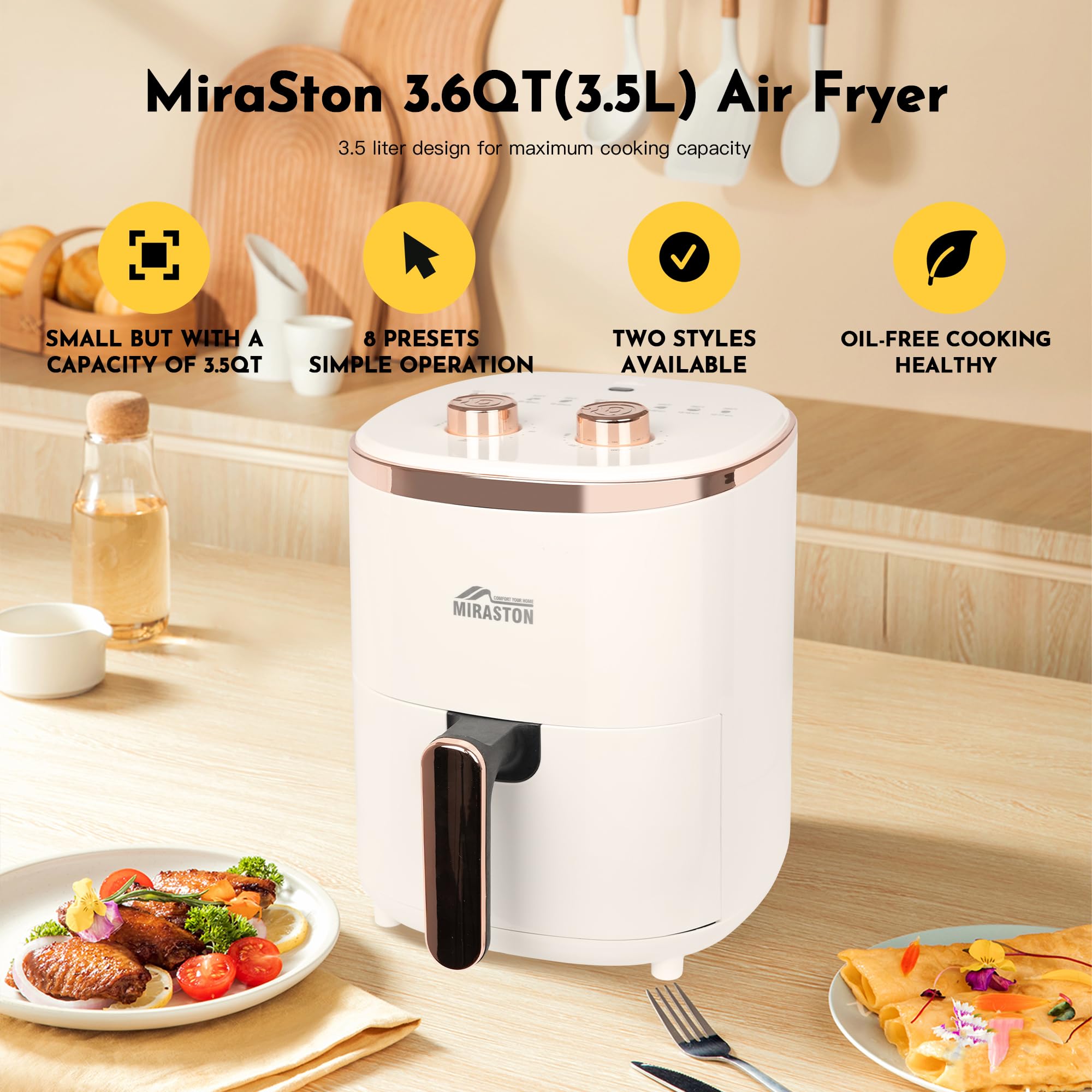3.6 QT Compact Air Fryer for Healthy Cooking - Oil-Free, Timer & Auto Shut-Off - Perfect for Kitchen, Dorm, Office - Fast Meals for Breakfast, Dinner & Snacks - Small Round Design with Easy Dial Controls - White