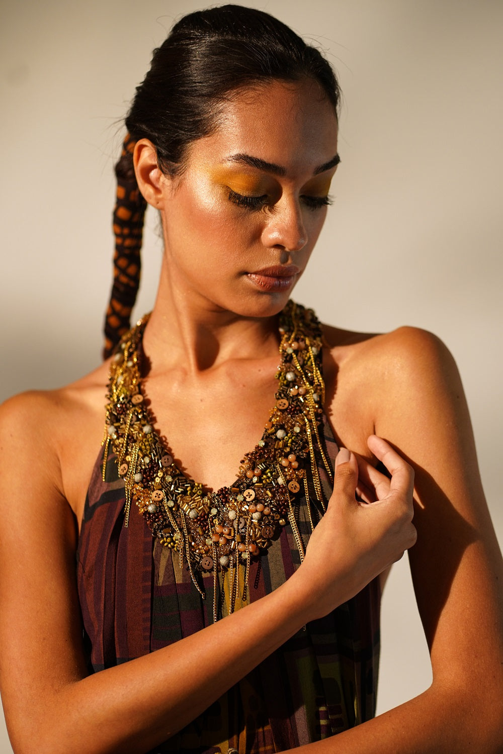 Stylish Multicolor Abstract Print Maxi Dress with Hand Baroque Metallic Embellishment - Perfect for Evening Parties, Weddings & Special Occasions