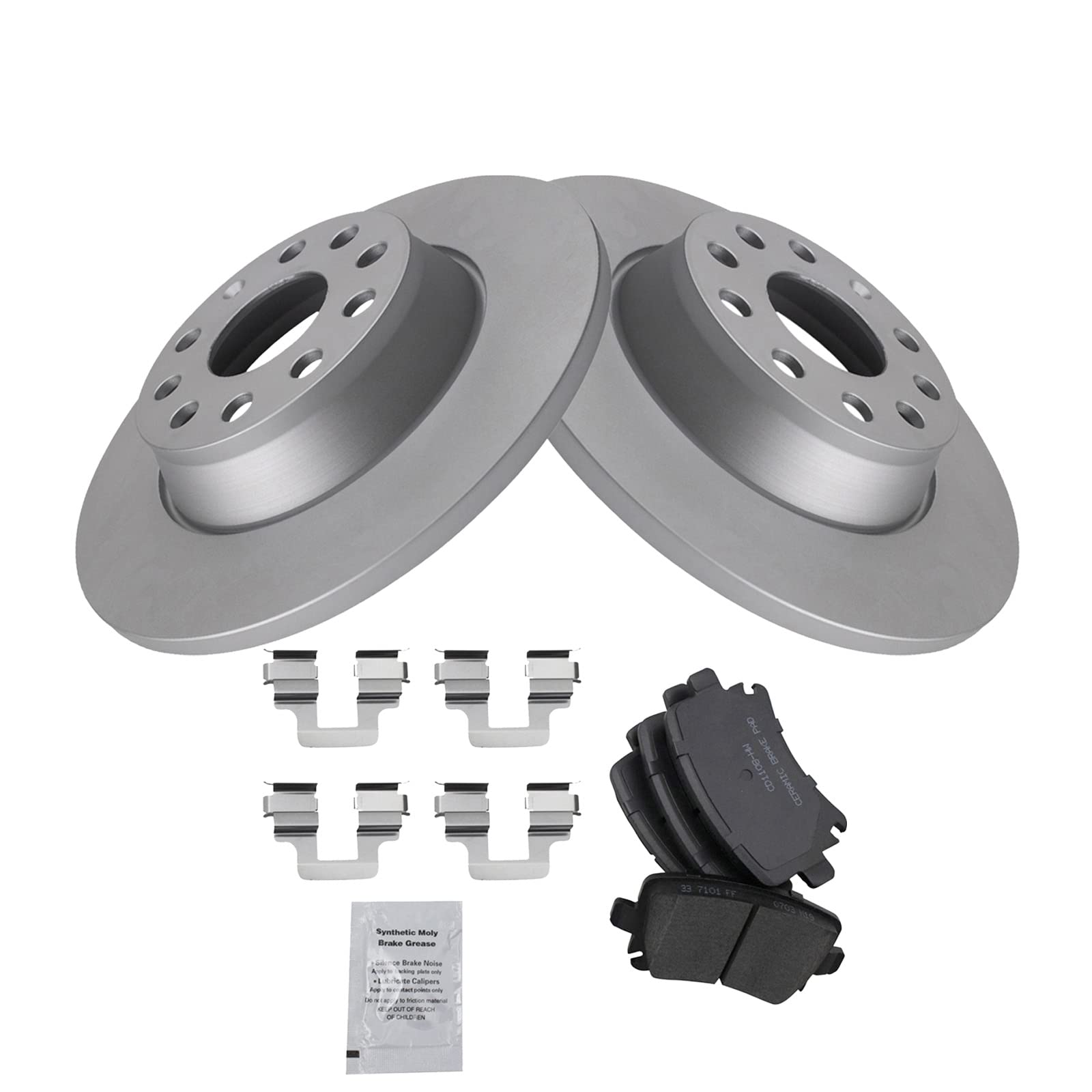 TRQ Rear Ceramic Brake Pad & Coated Rotor Kit with Brake Fluid - Compatible with Volkswagen A3, Passat, Jetta - Perfect for Smooth Braking & Long-Lasting Performance on City Roads & Highways