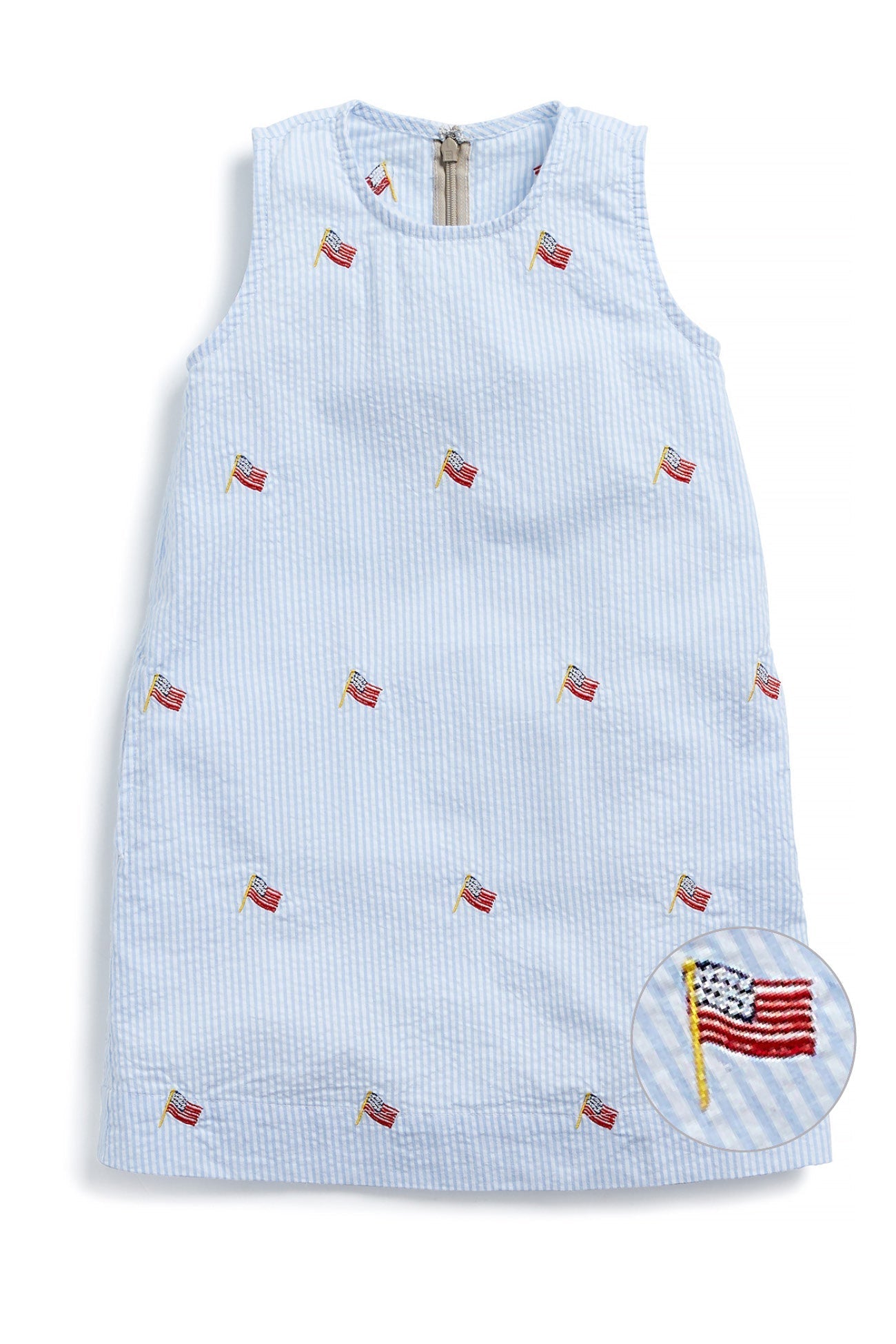 Girls' Blue Seersucker Shift Dress with American Flag Print - Perfect for 4th of July, Summer Parties & Patriotic Events