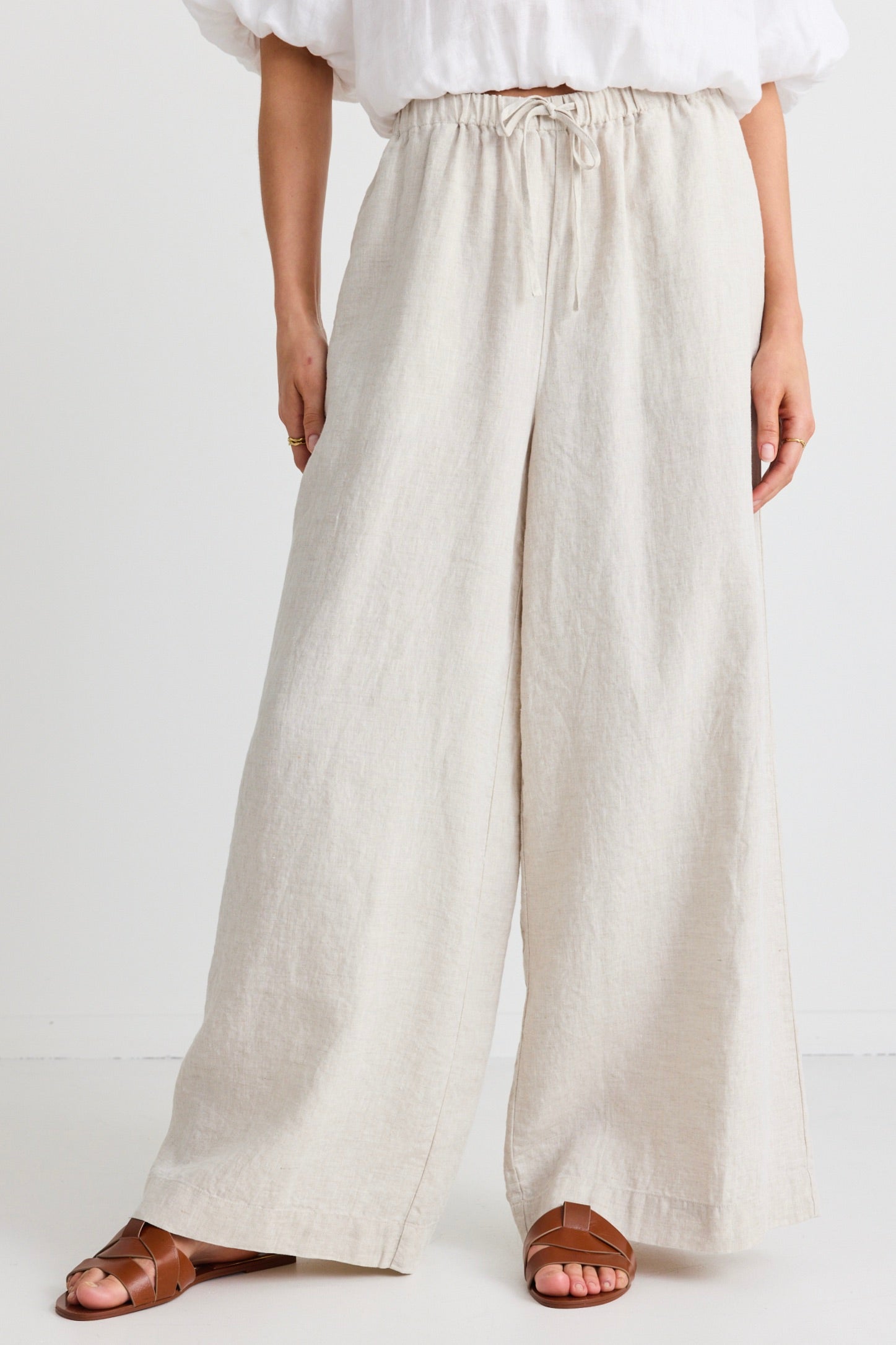 Resort Natural Linen Tie Waist Pull On Wide Leg Pants for Women - Comfortable Summer Beach Vacation & Casual Wear