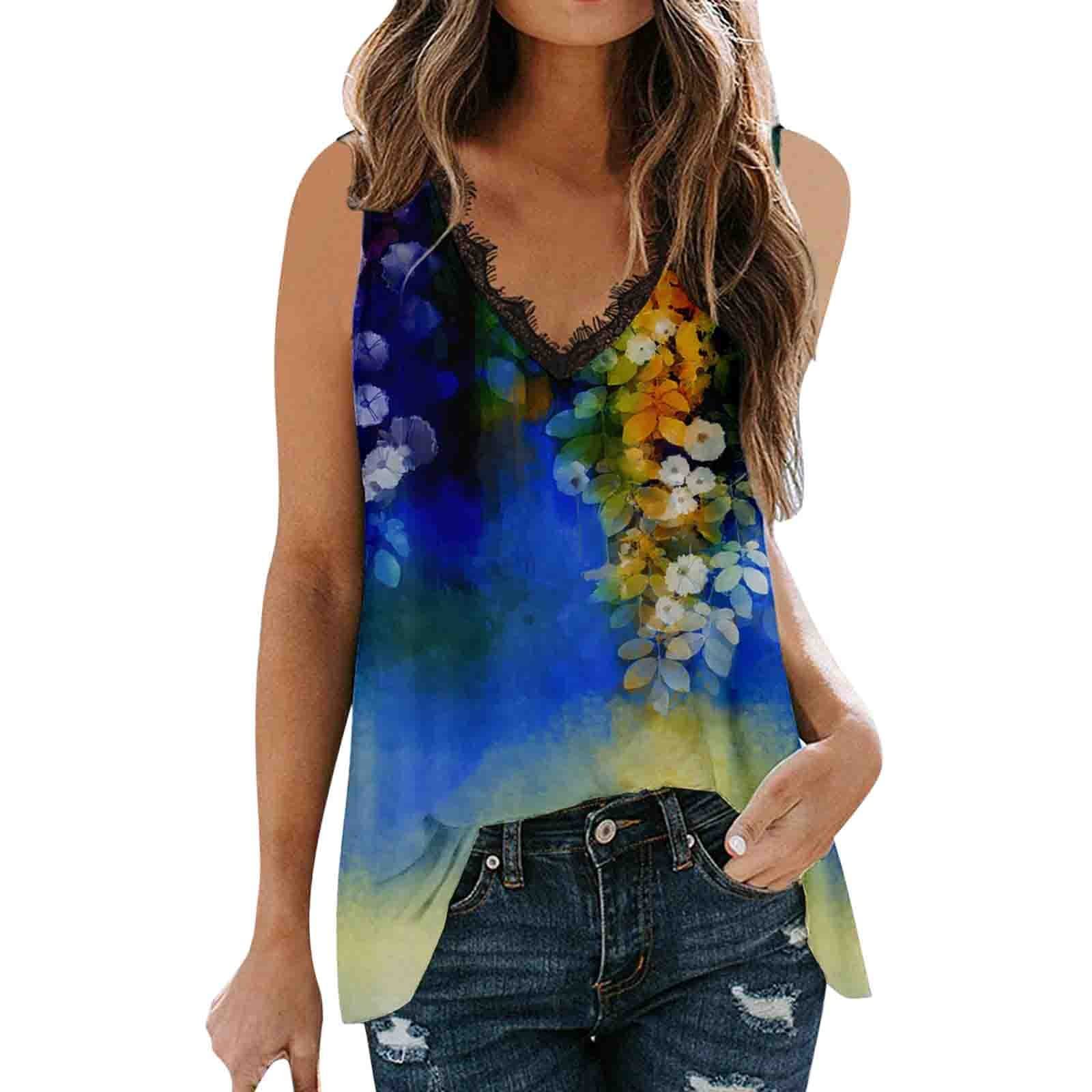 Women's Floral Printed V-Neck Lace Tank Tops - Sleeveless Summer Blouses for Casual Wear, Work & Outdoor Activities
