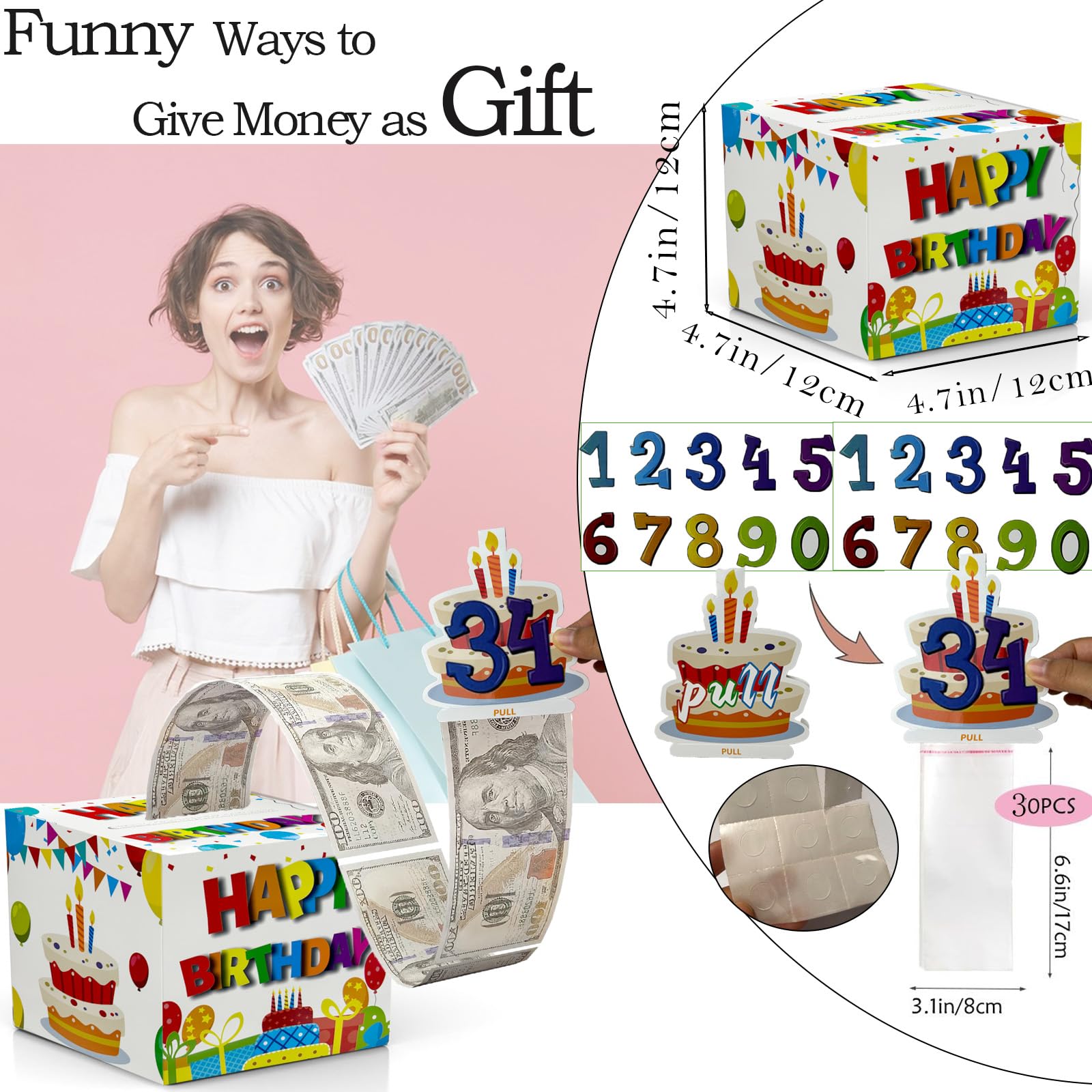 Birthday Cash Box Pull - Surprise Money Roll Gift Box with Pull Out Card & 30 Transparent Bags DIY Set - Funny Money Gift Idea for Parents, Lovers, Friends - Perfect for Birthdays, Anniversaries & Special Occasions (White)